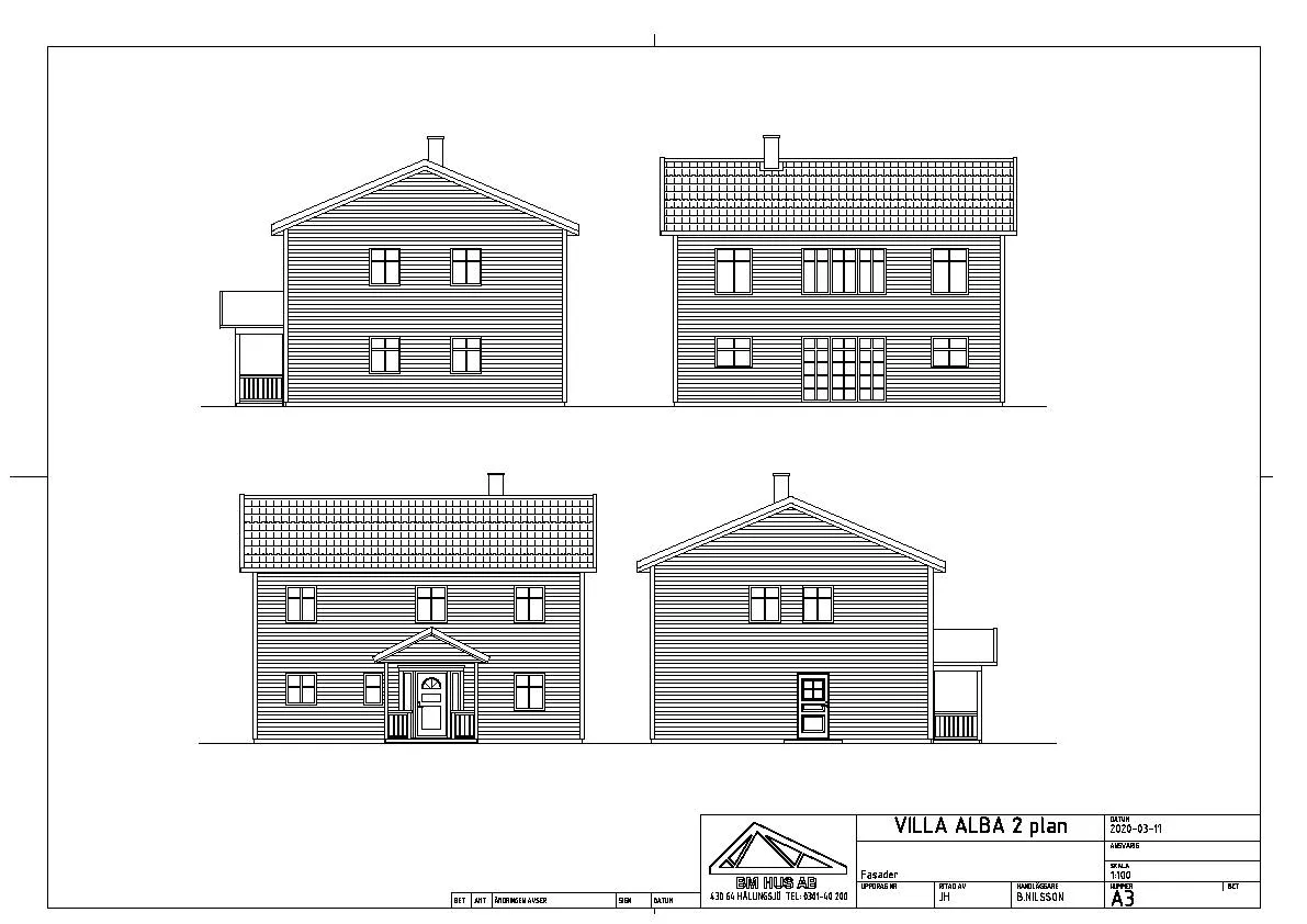 Villa Alba 2-planshus med liggande panel och farstukvist fasadritningar
