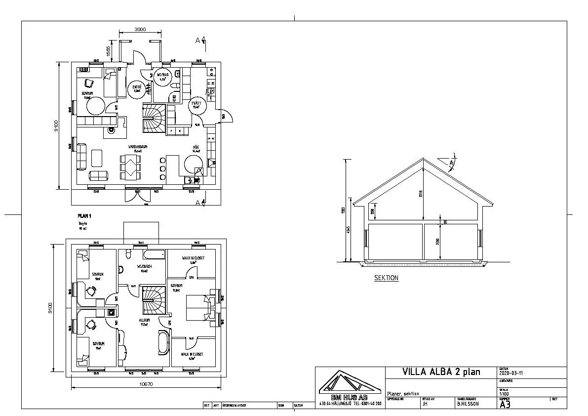 Villa Alba 2-planshus med liggande panel och farstukvist planritningar och sektion