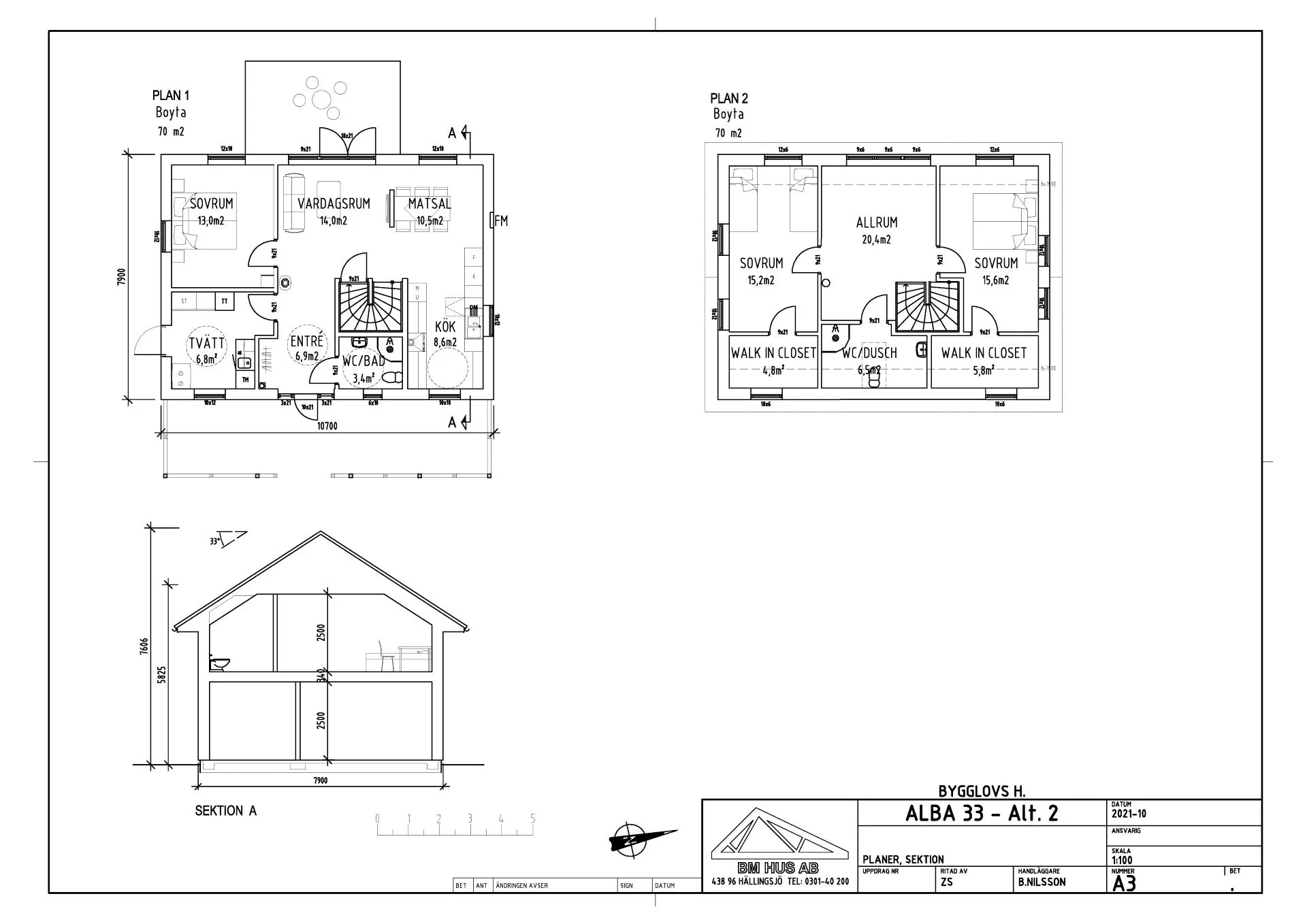 Villa Alba 33 Alt 2 planritningar både våningar och sektion