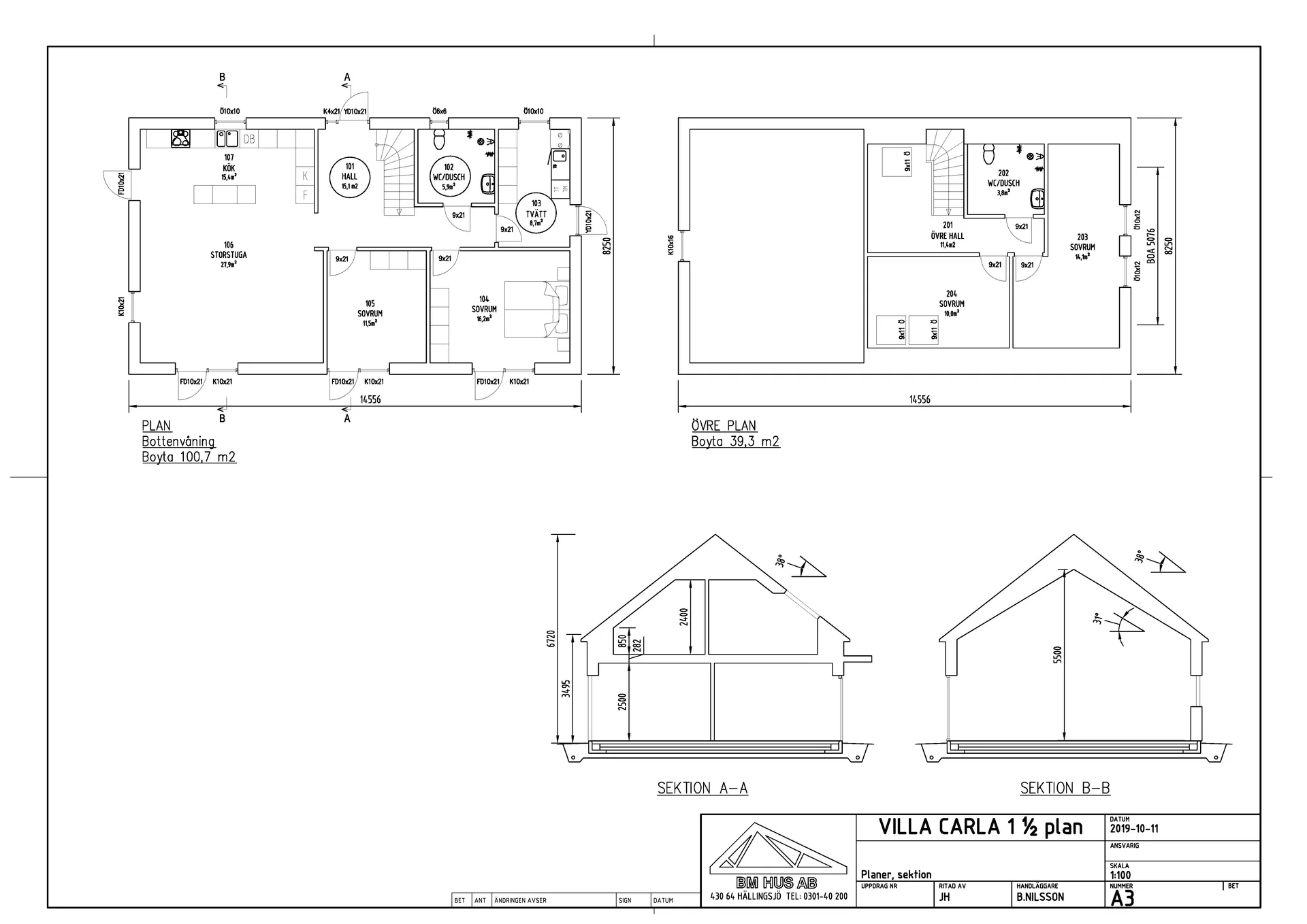 Villa Carla 1 1/2-planhhus planritningar och sektioner