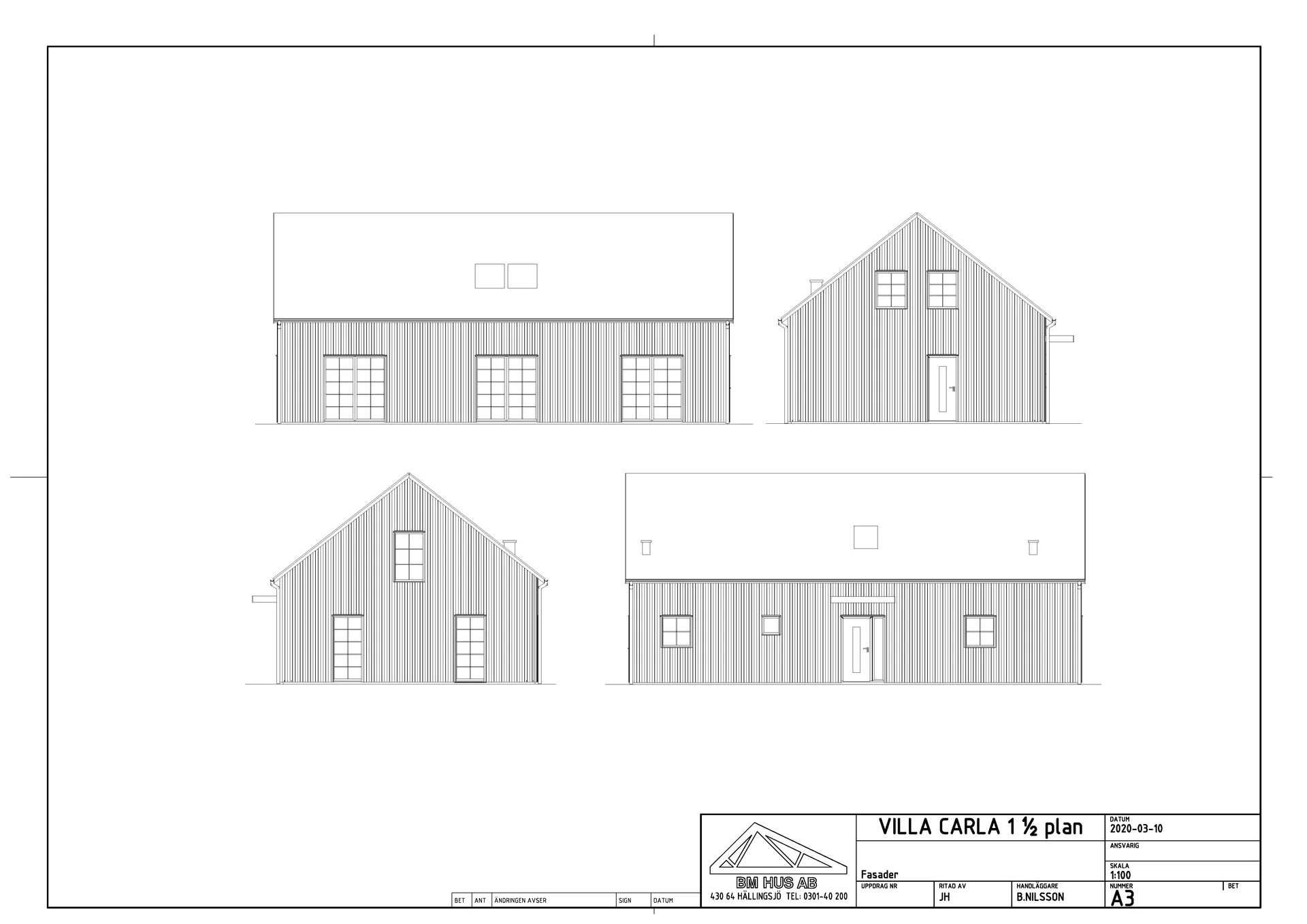 Villa Carla 1 1/2-planhhus med spröjsade fönster fasadritningar