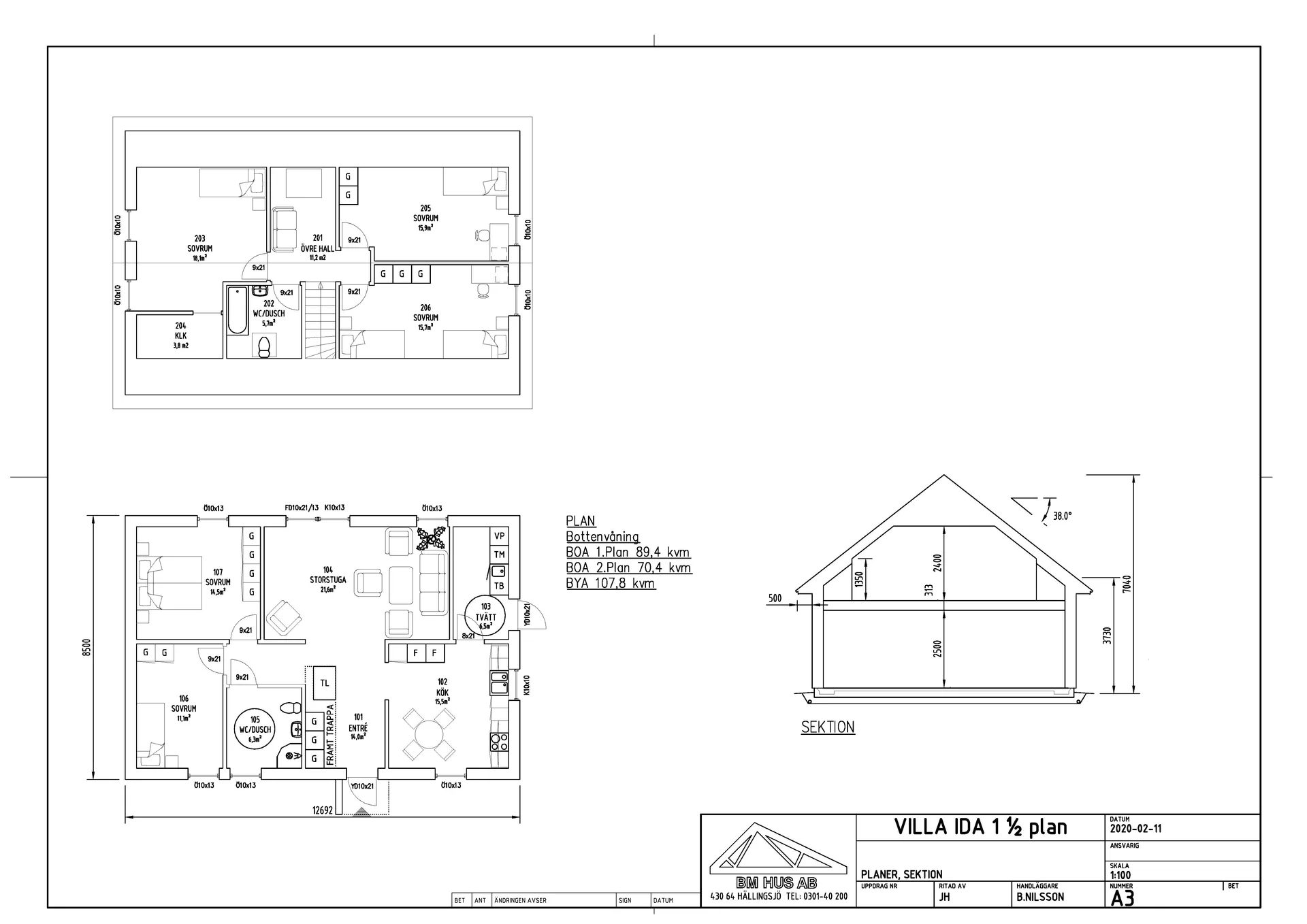 Villa Ida 1 1/2-planshus planritningar och sektion