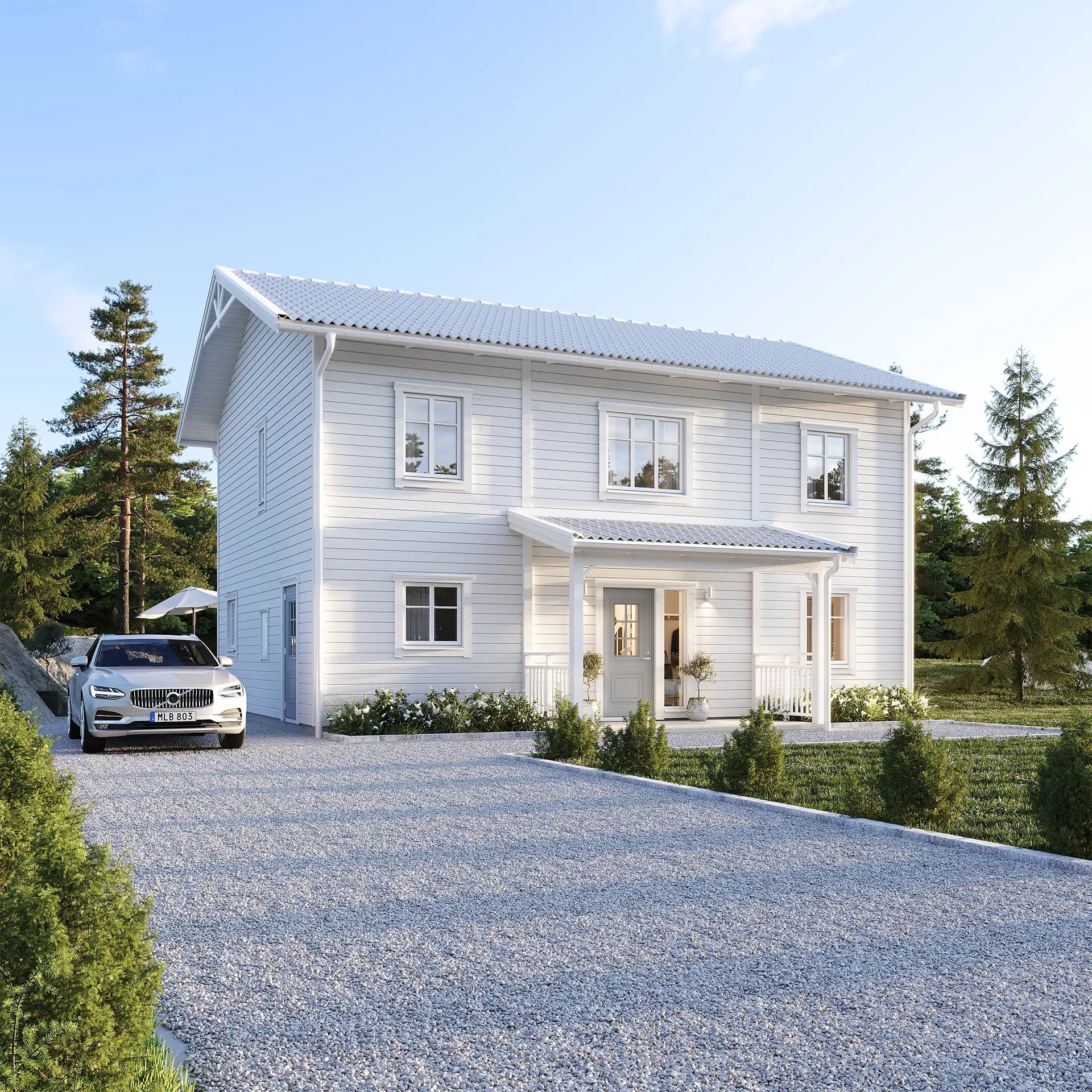 Vitt Villa Anneberg exteriör entréveranda Hjälmaren