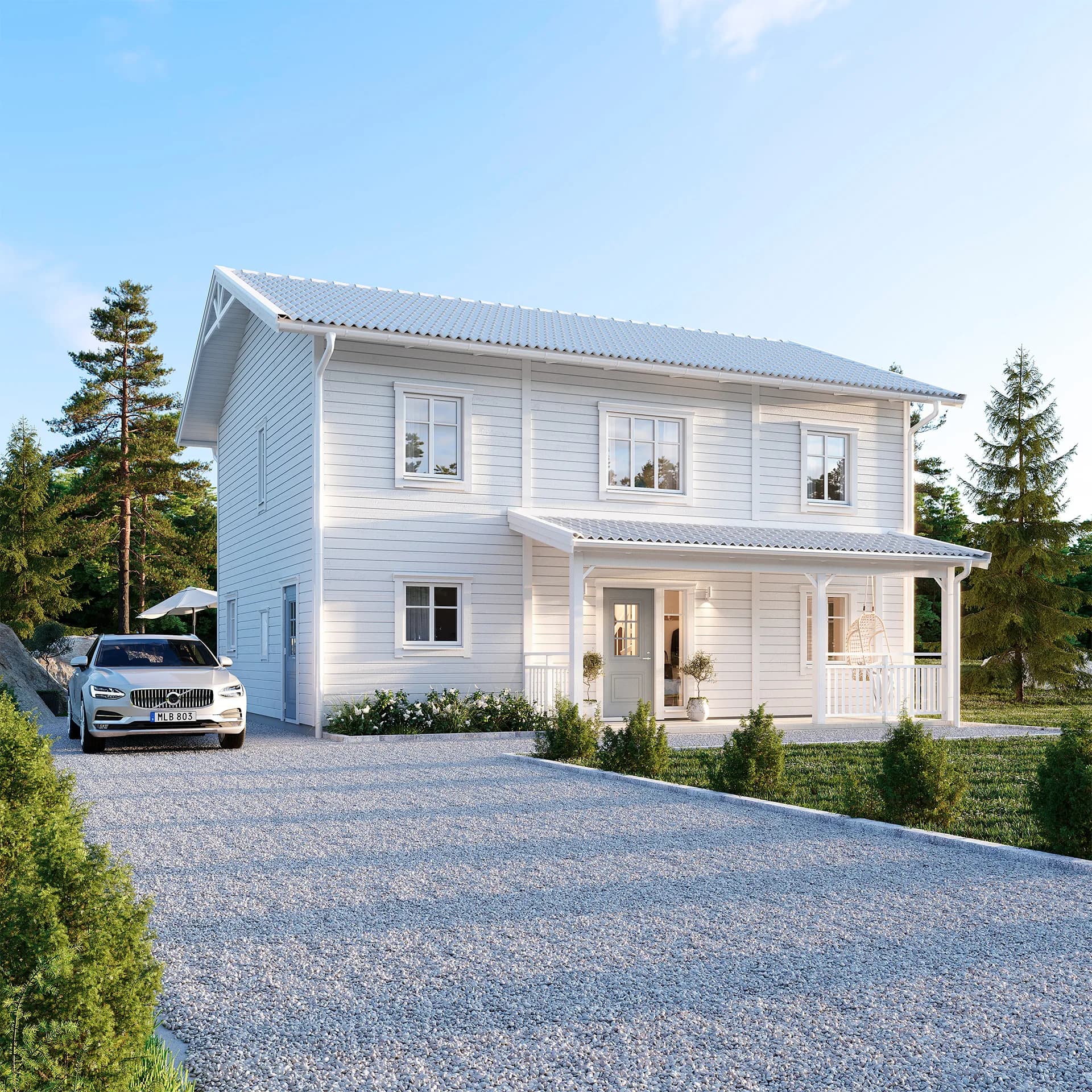 Vitt Villa Anneberg exteriör entréveranda Mälaren R