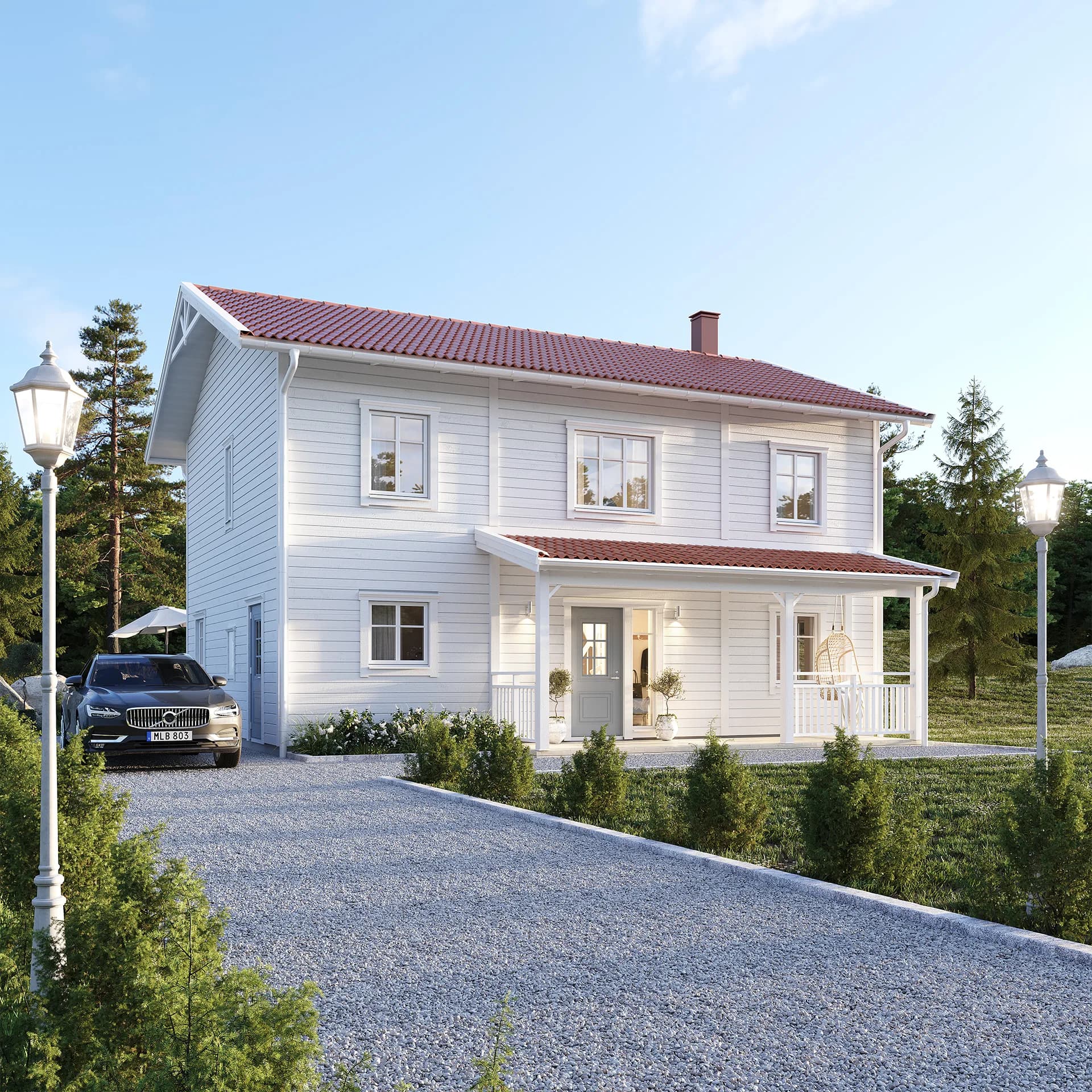 Vitt Villa Anneberg exteriör klassisk stil med entréveranda