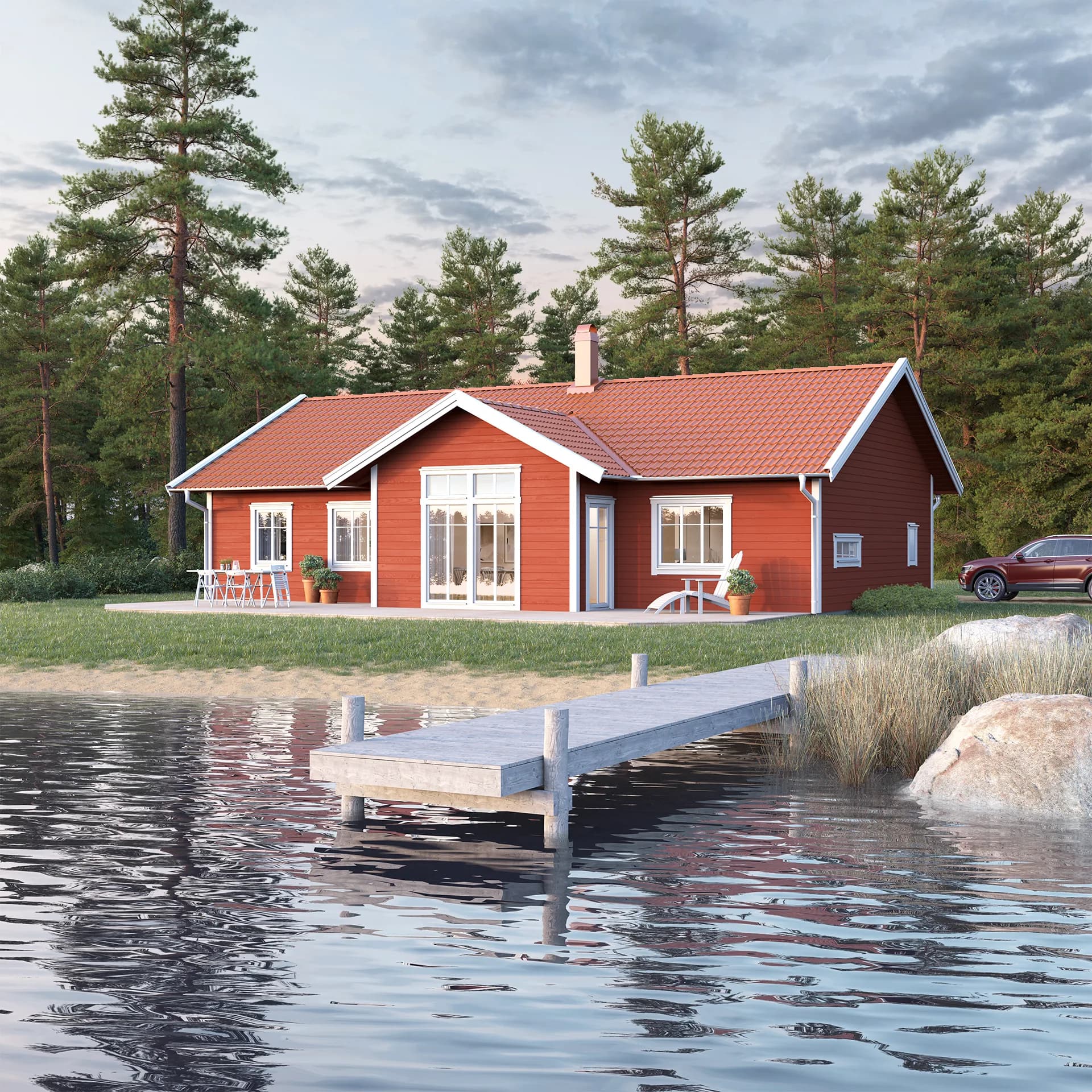 Rött Villa Aspudden exteriör i klassisk stil vid sjö