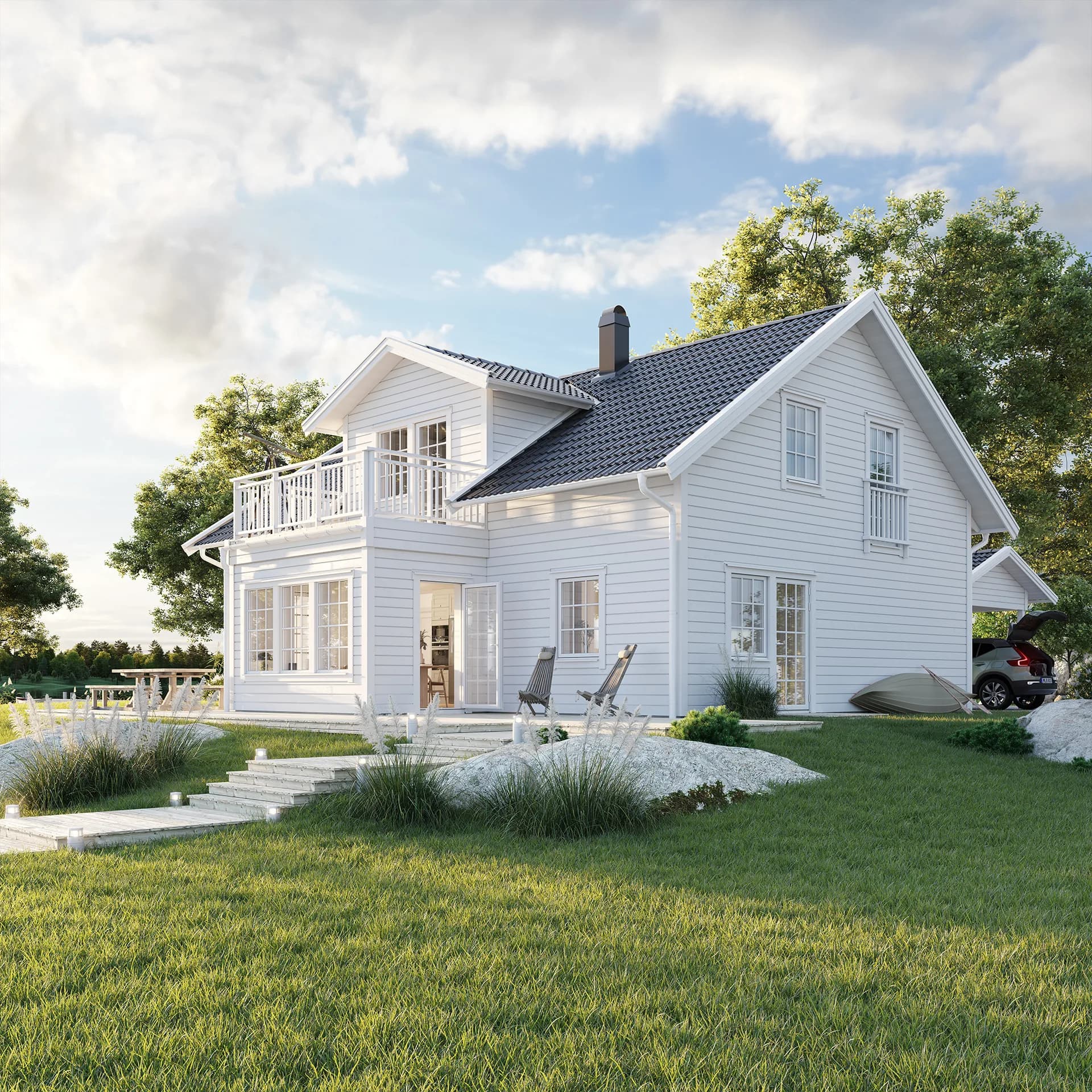 Vitt Villa Björkö exteriör i klassisk stil