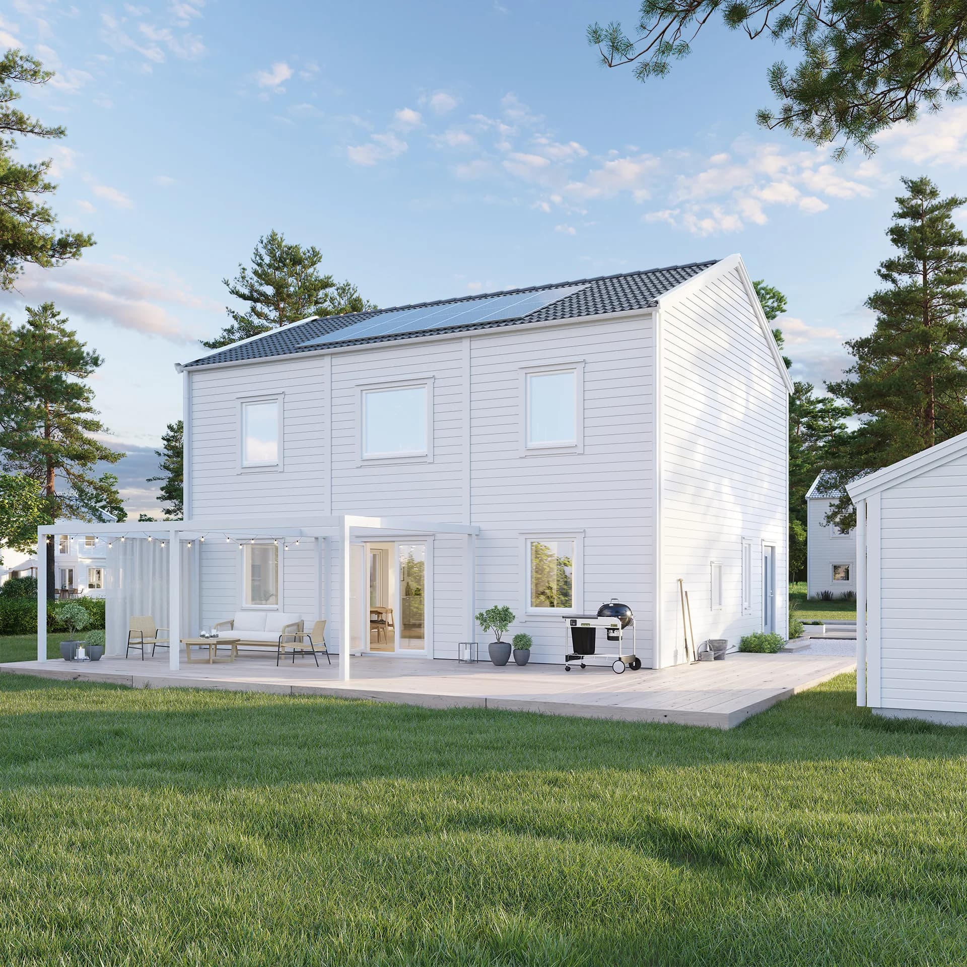 Vitt Villa Ellagård modern exteriör med trädgård