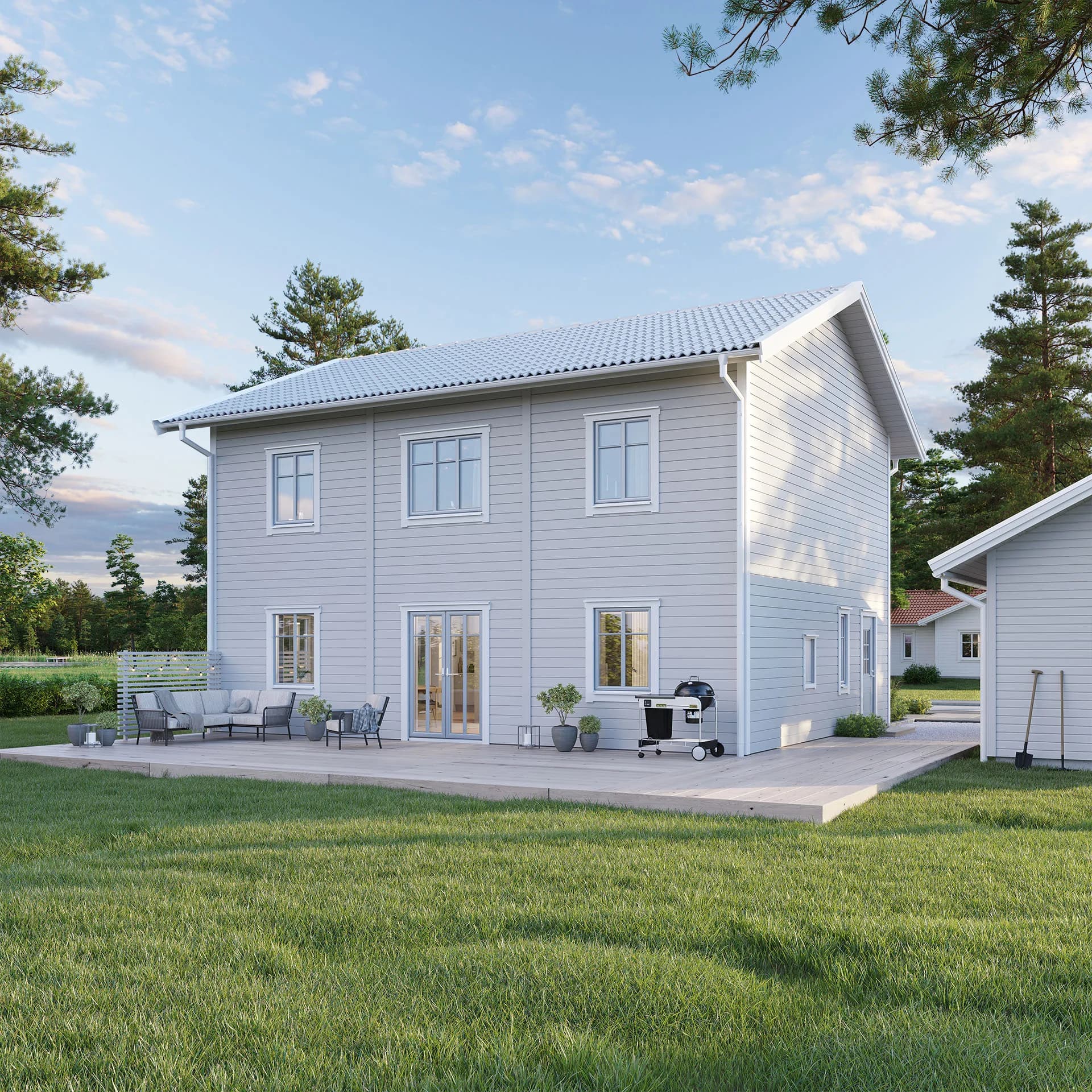 Grått Villa Ellagård klassisk exteriör med trädgård