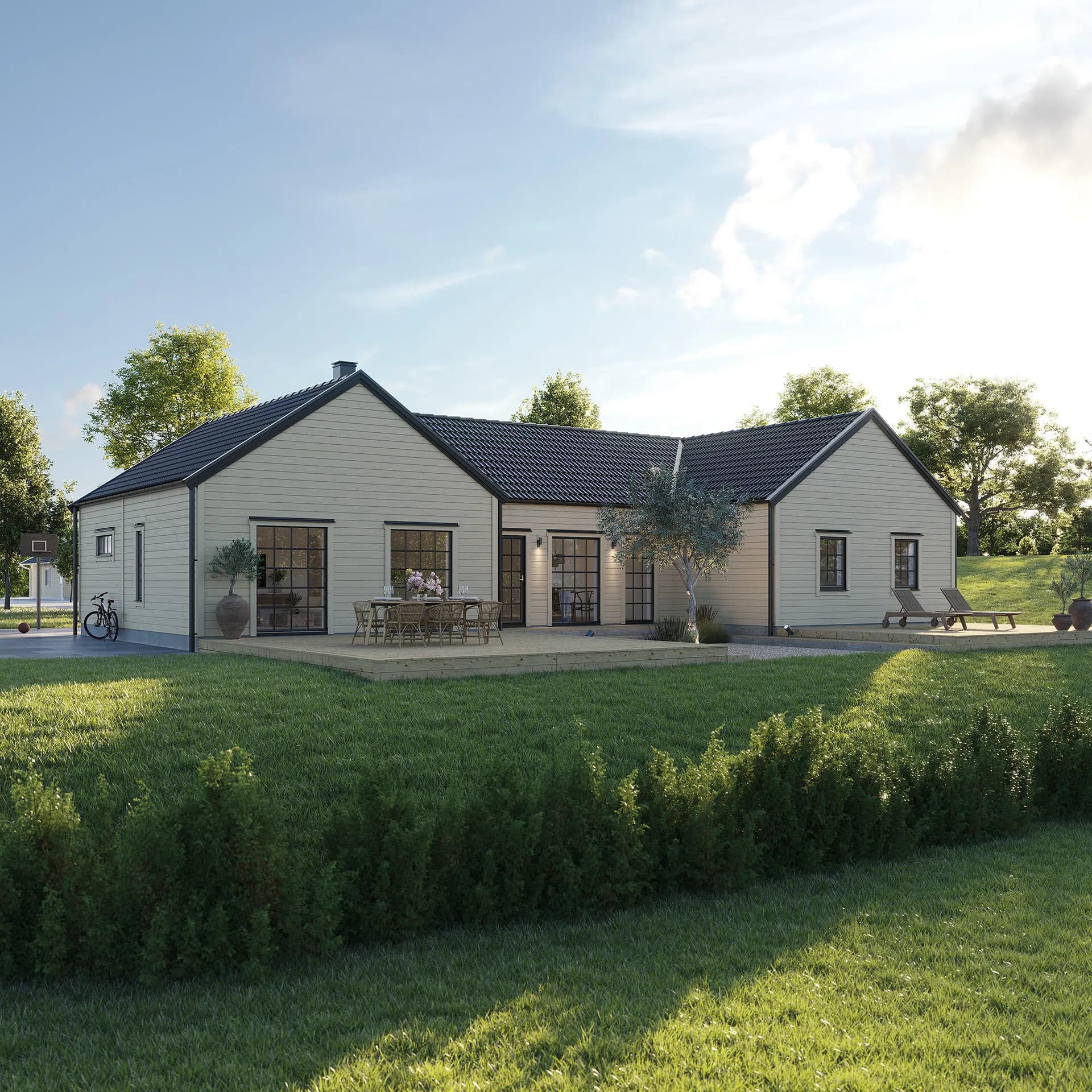 Grått Villa Hällevik modernt H-hus med altan