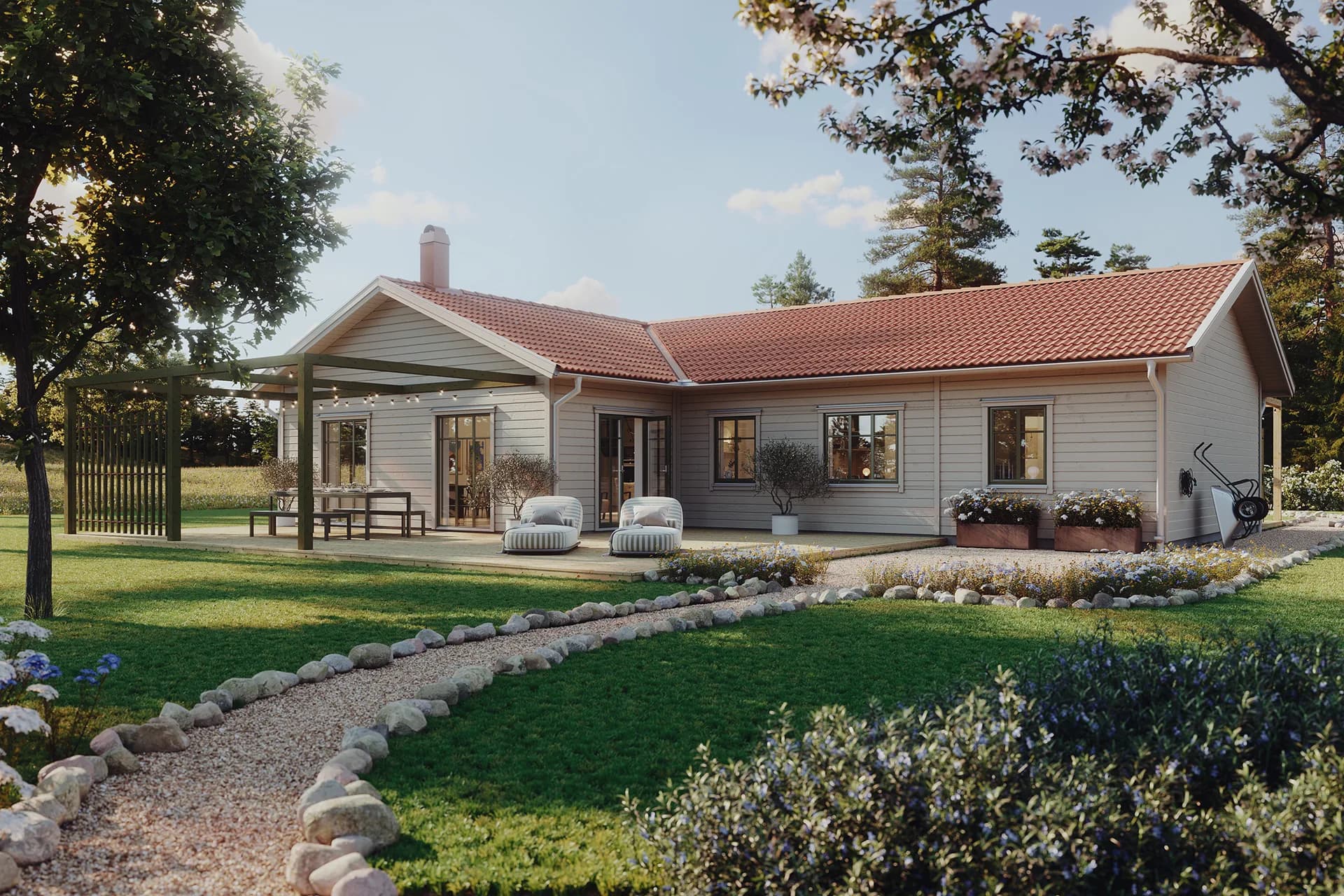 Vitt Villa Lindö exteriör i klassisk stil med pool