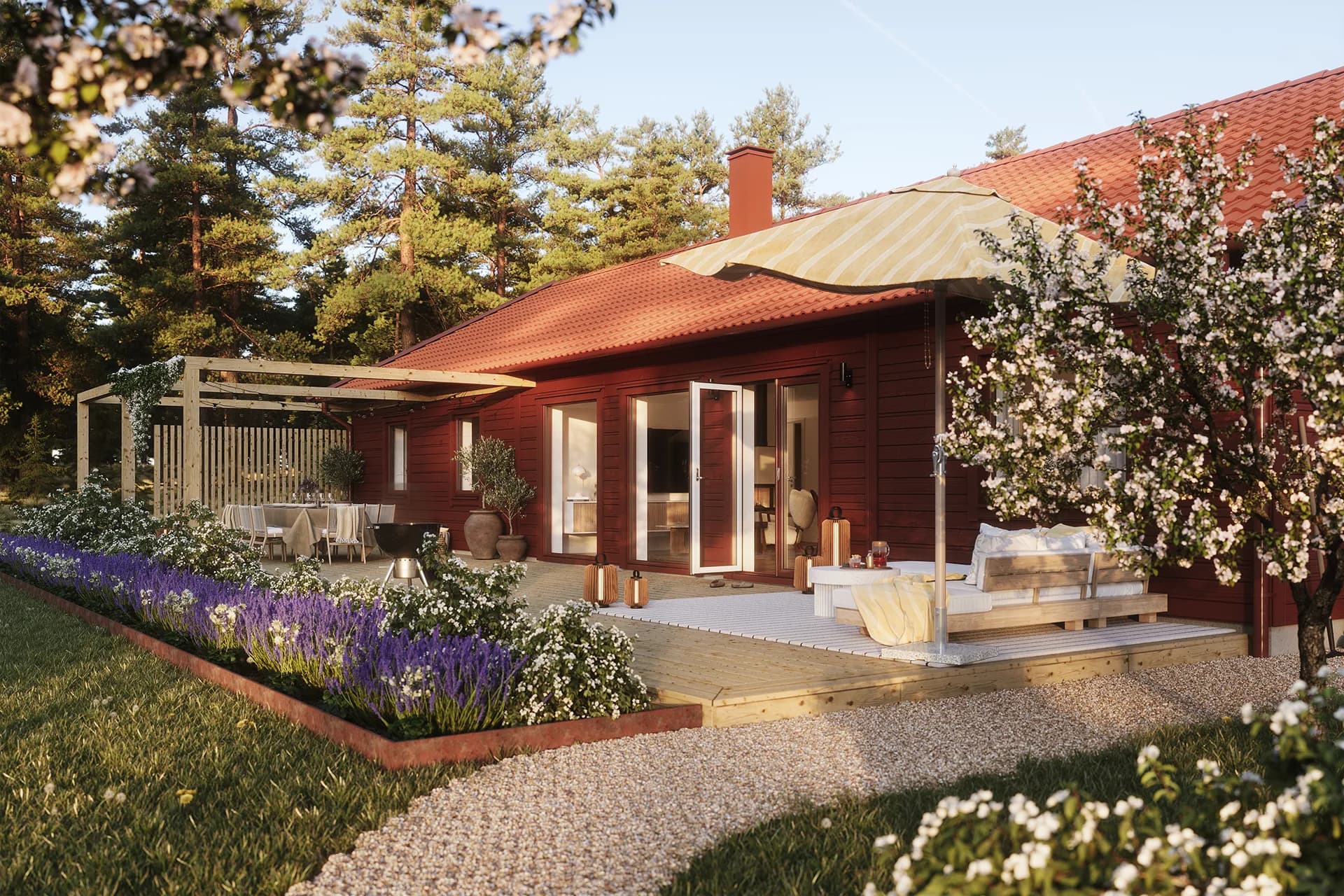 Grått Villa Lycke exteriör med rött tak i klassisk stil