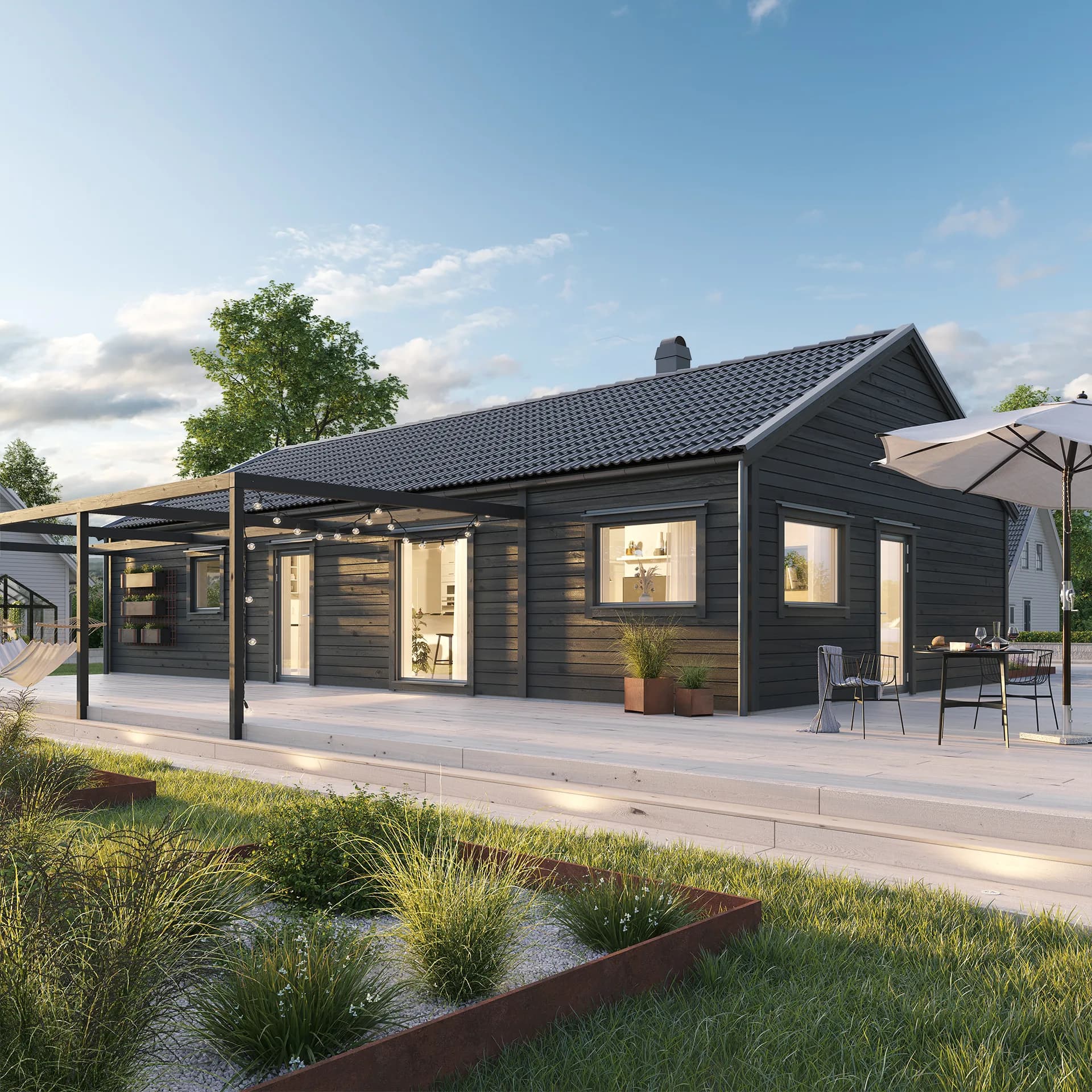 Svart Villa Nolvik i modern stil med altan