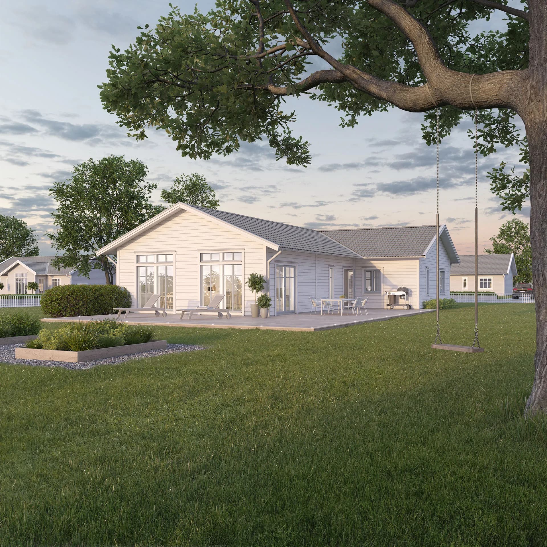 Vitt Villa Stenskär klassisk exteriör med grå detaljer