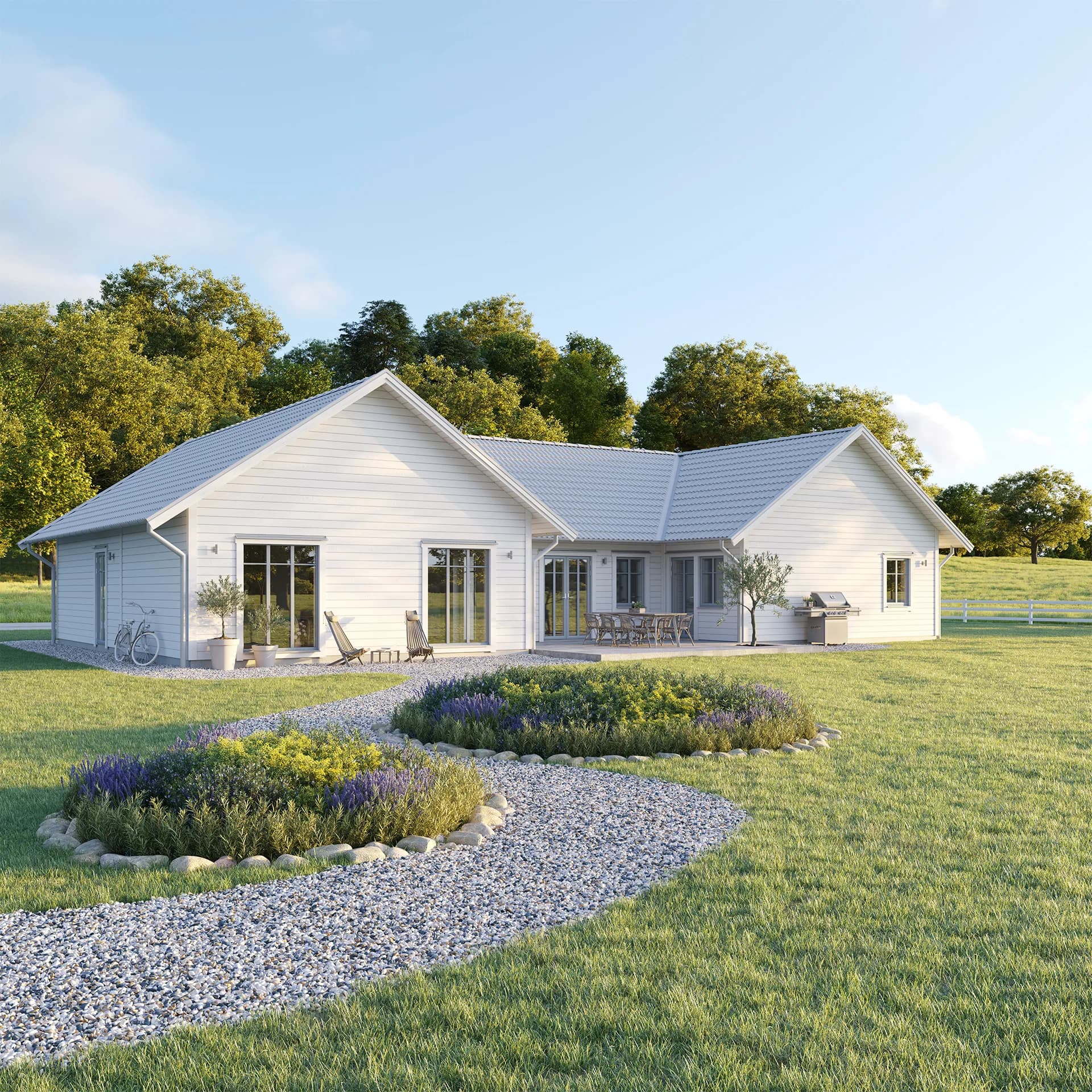 Vitt Villa Svanvik klassiskt H-hus med trädgård