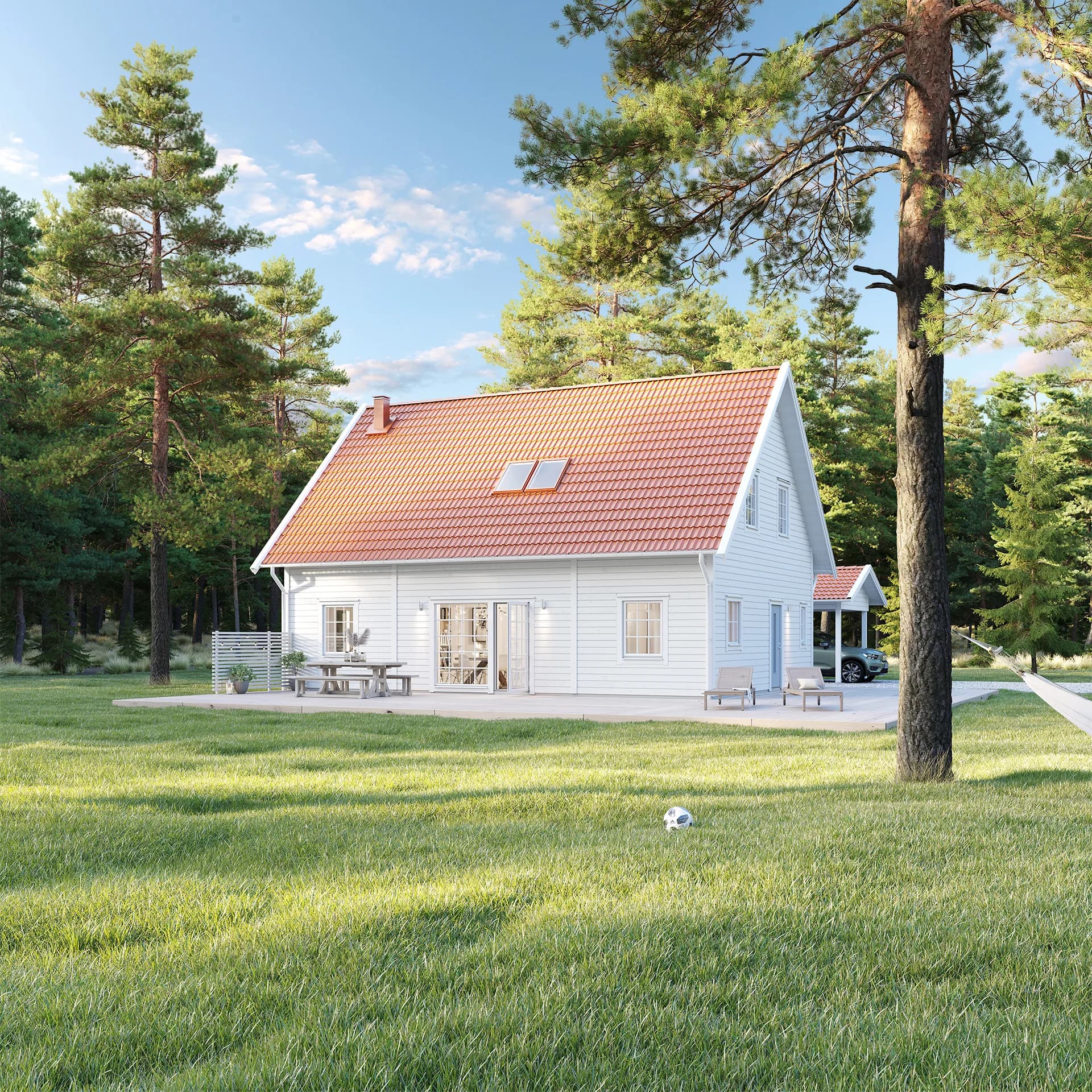 Vitt Villa Talludden klassisk exteriör med rött tak och altan