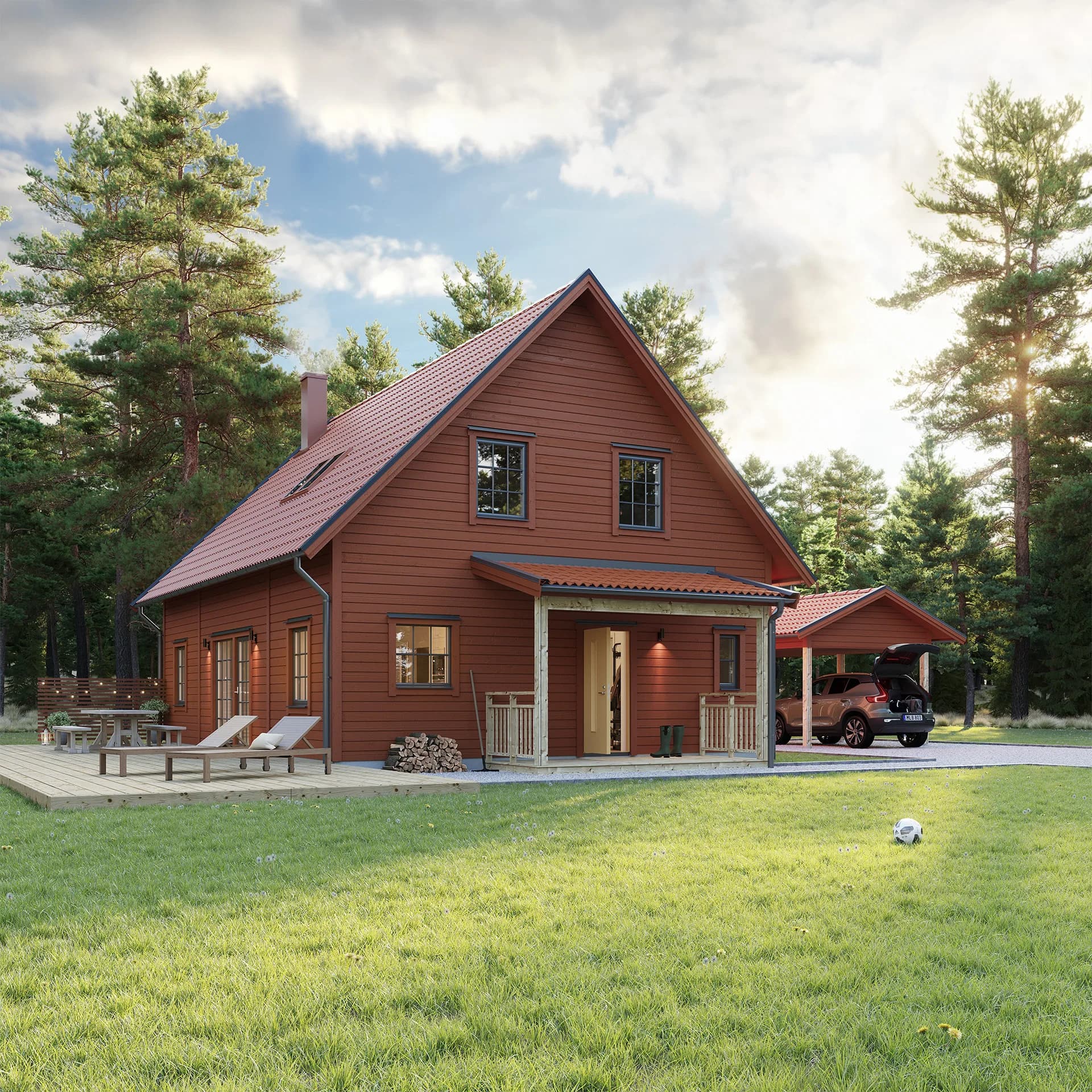 Rött Villa Talludden klassisk med Entréveranda hjälmaren & carport