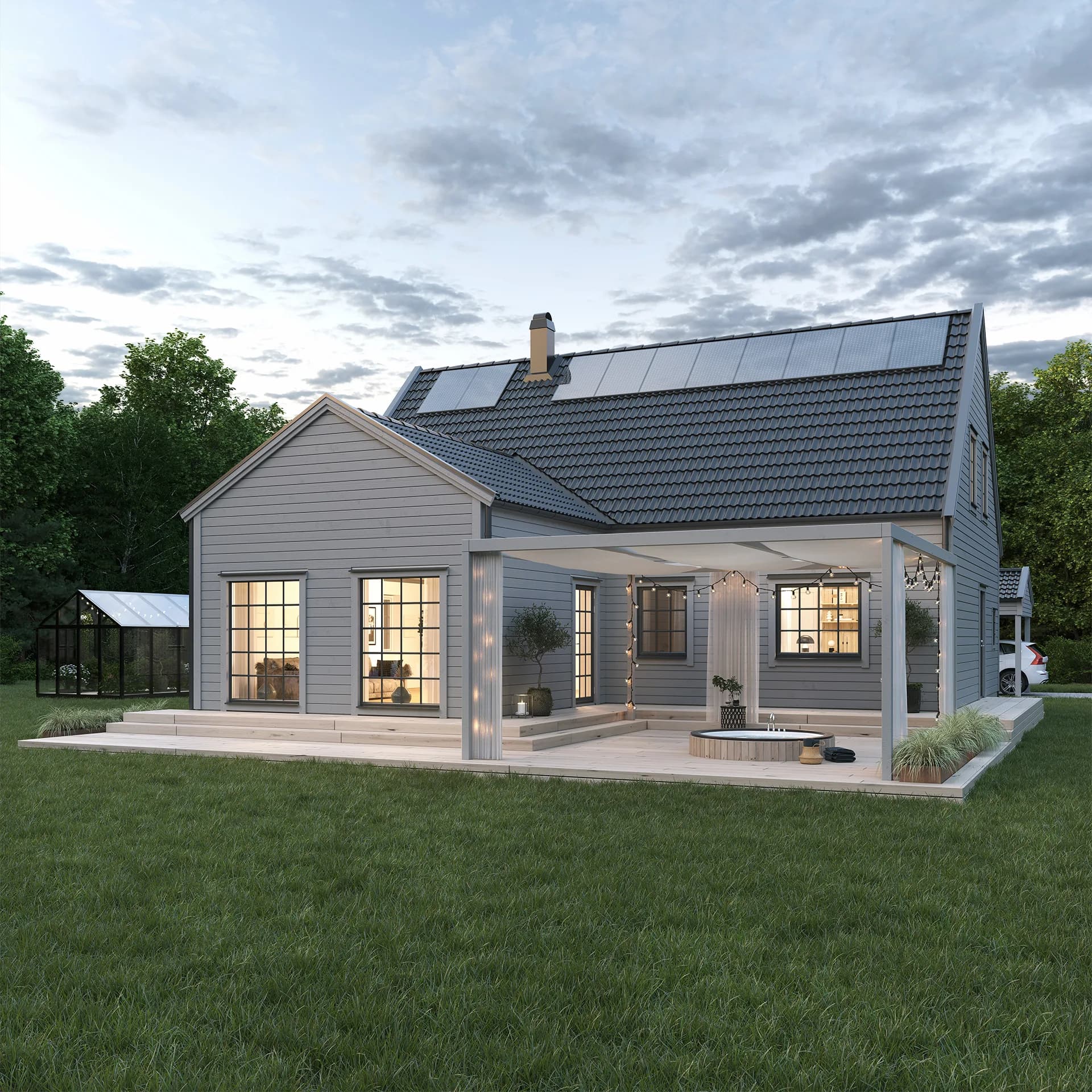 Grått Villa Tyresö modern exteriör med spabad och pergola