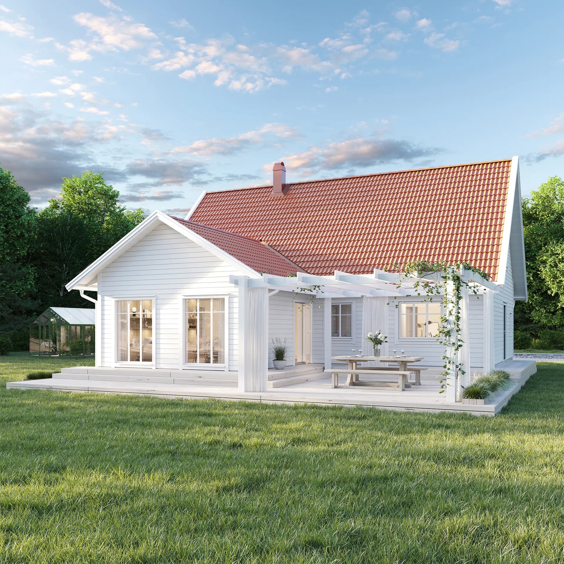 Vitt Villa Tyresö klassisk exteriör med altan och pergola