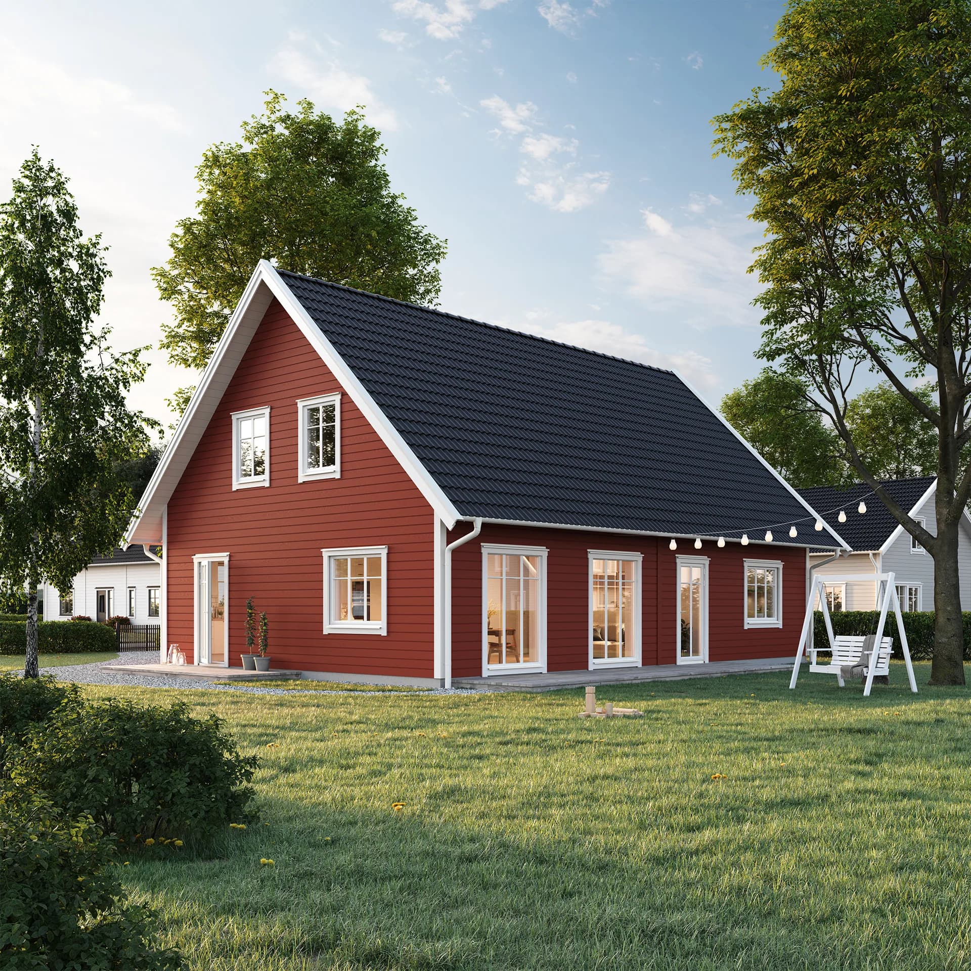 Rött Villa Tyresund exteriör med vita knutar i klassisk stil