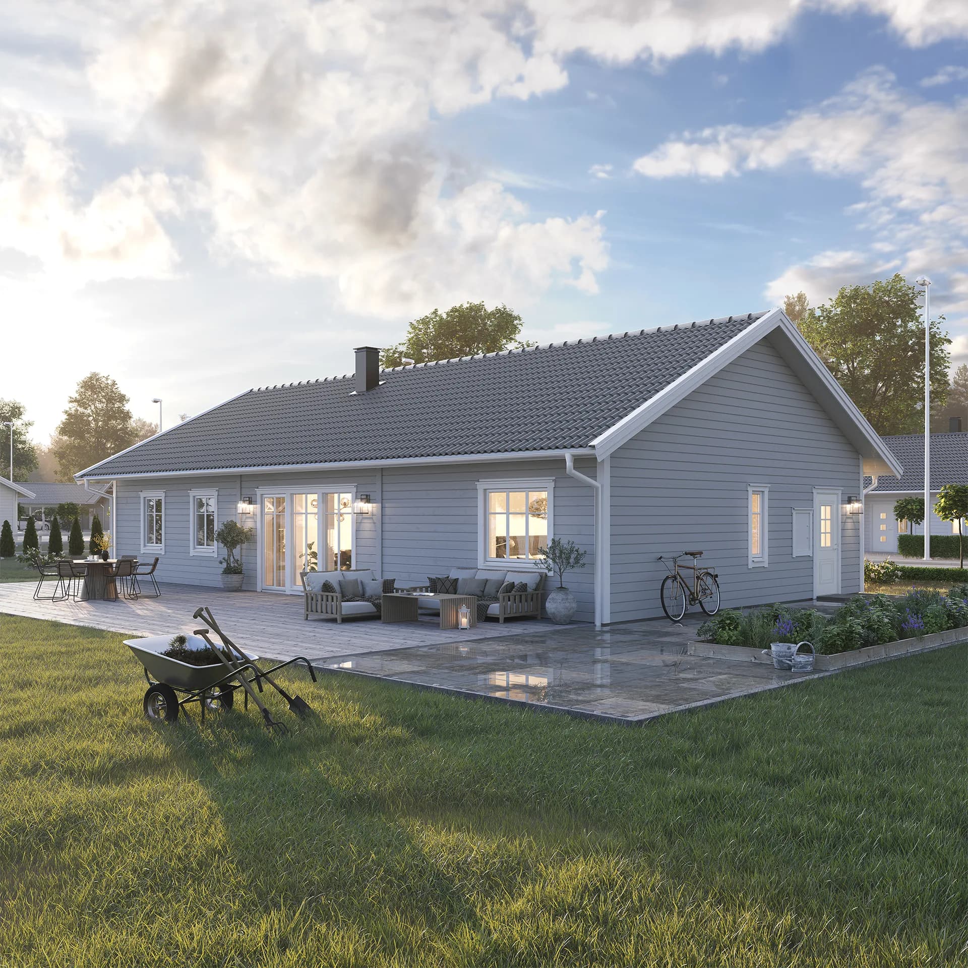 Grått Villa Vallda klassisk exteriör med altan