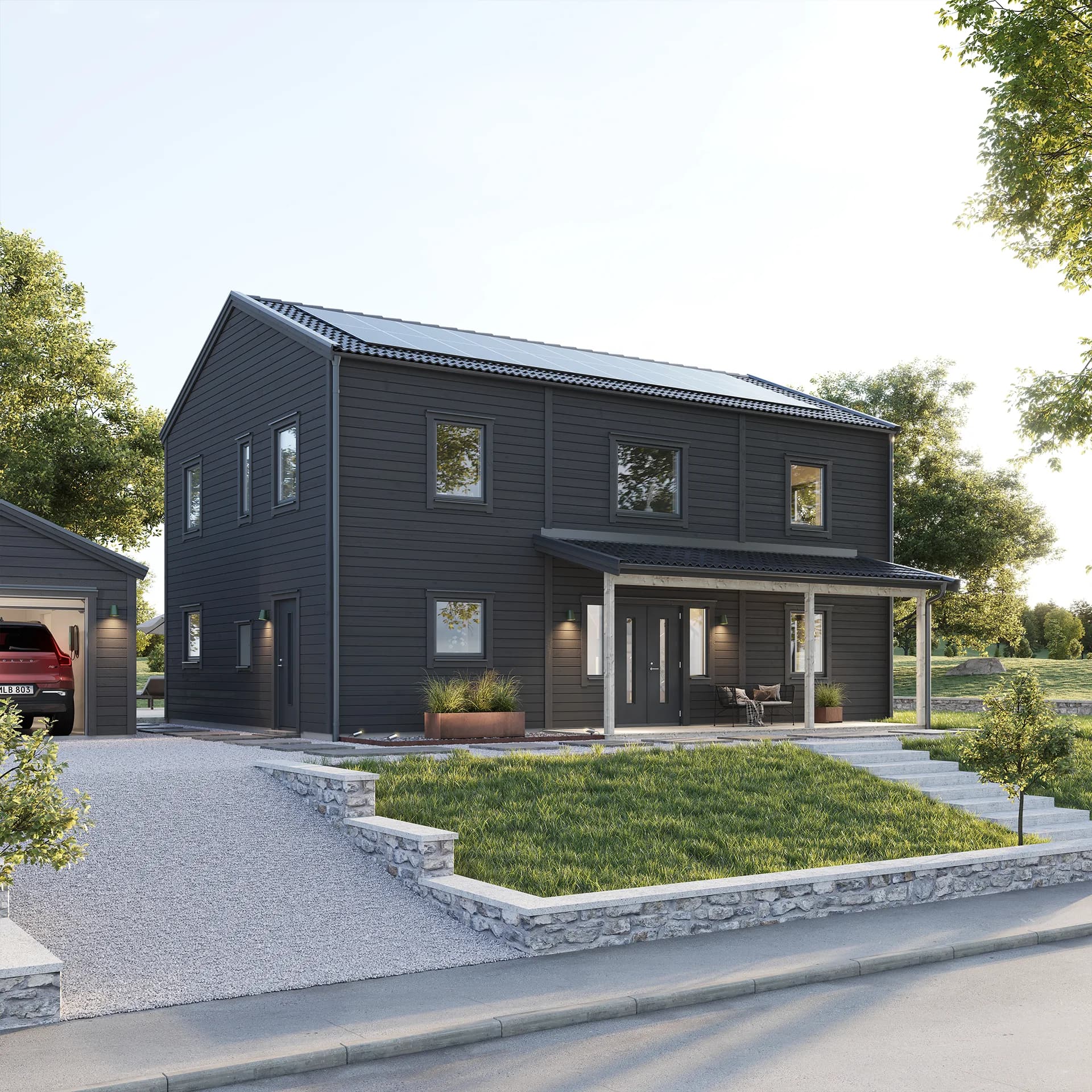 Svart Villa Vaxholm med entréveranda Mälaren & enkelgarage