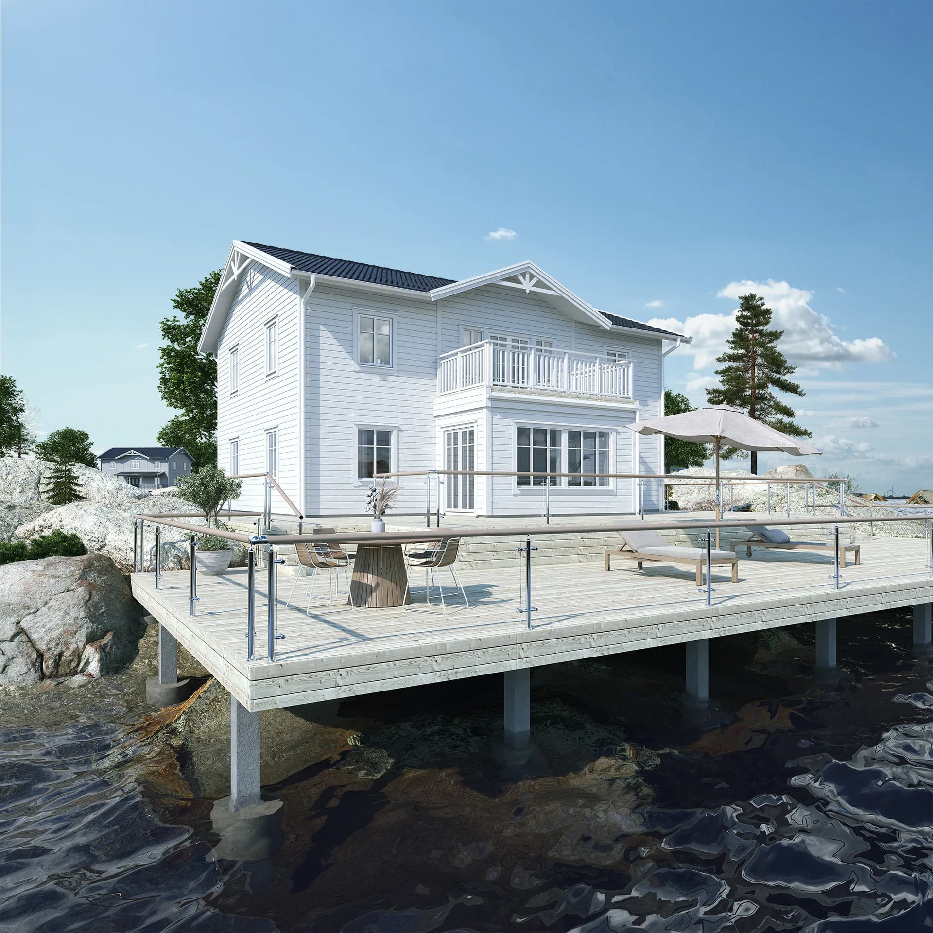 Vitt Villa Vaxholm klassisk exteriör med brygga vid havet
