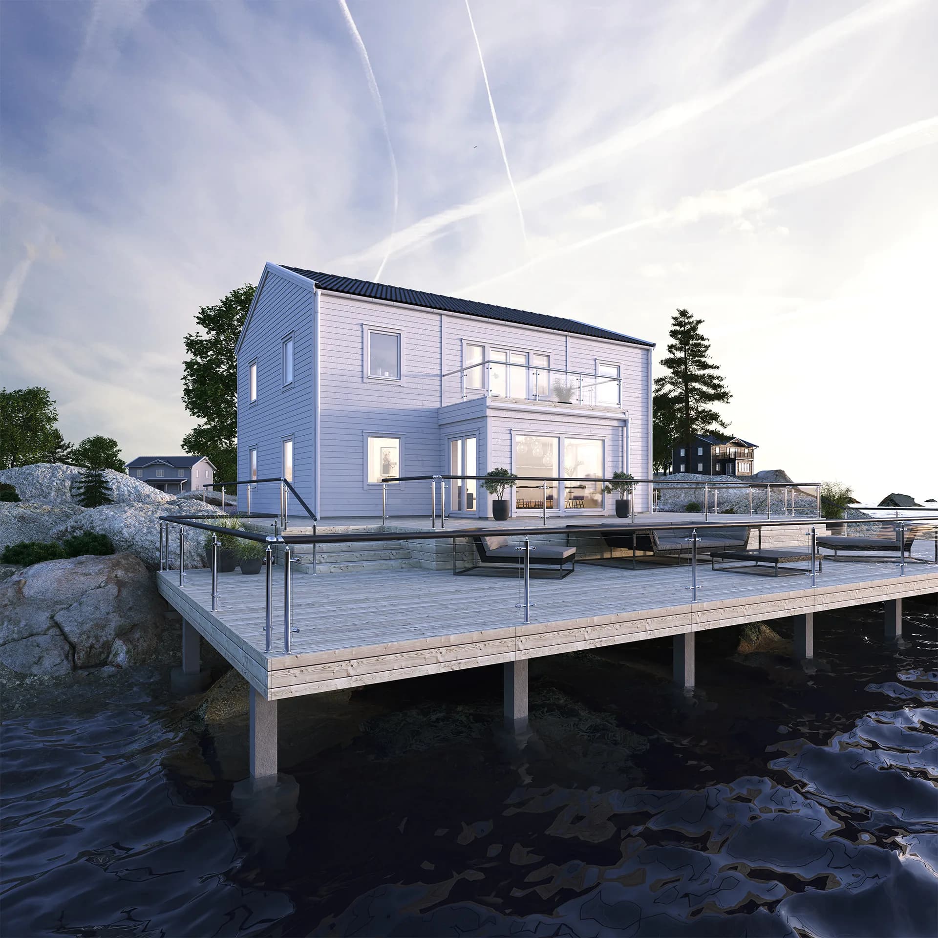 Vitt Villa Vaxholm modern exteriör med brygga vid havet