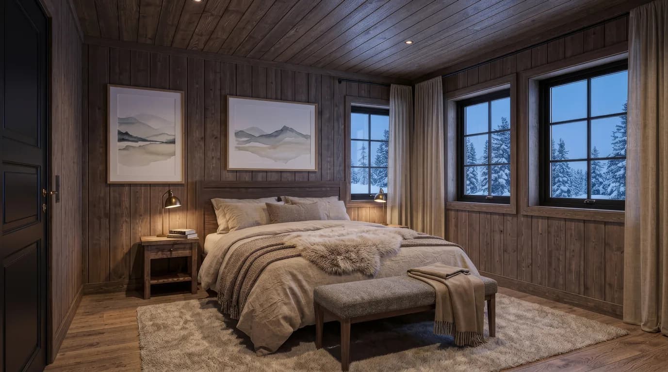 Ombonat sovrum i fjällstuga med brun träpanel och utsikt mot snöklädda granar