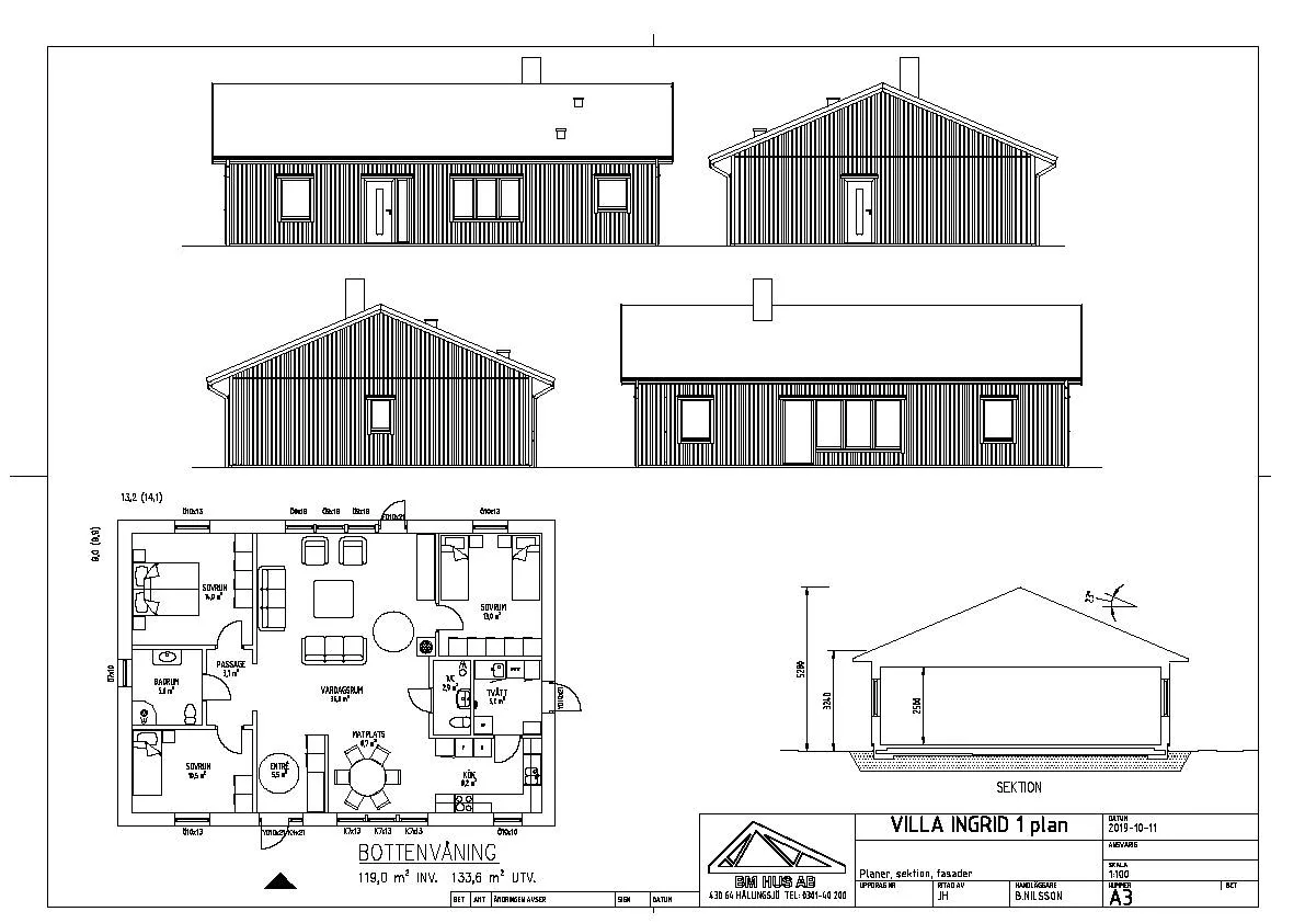 Villa Ingrid enplanshus med stående panel fasadritningar, planritning och sektion