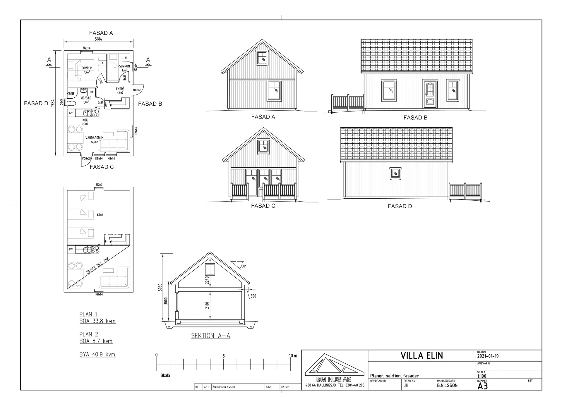 Villa Elin fritidshus med loft fasadritningar, planritning och sektion