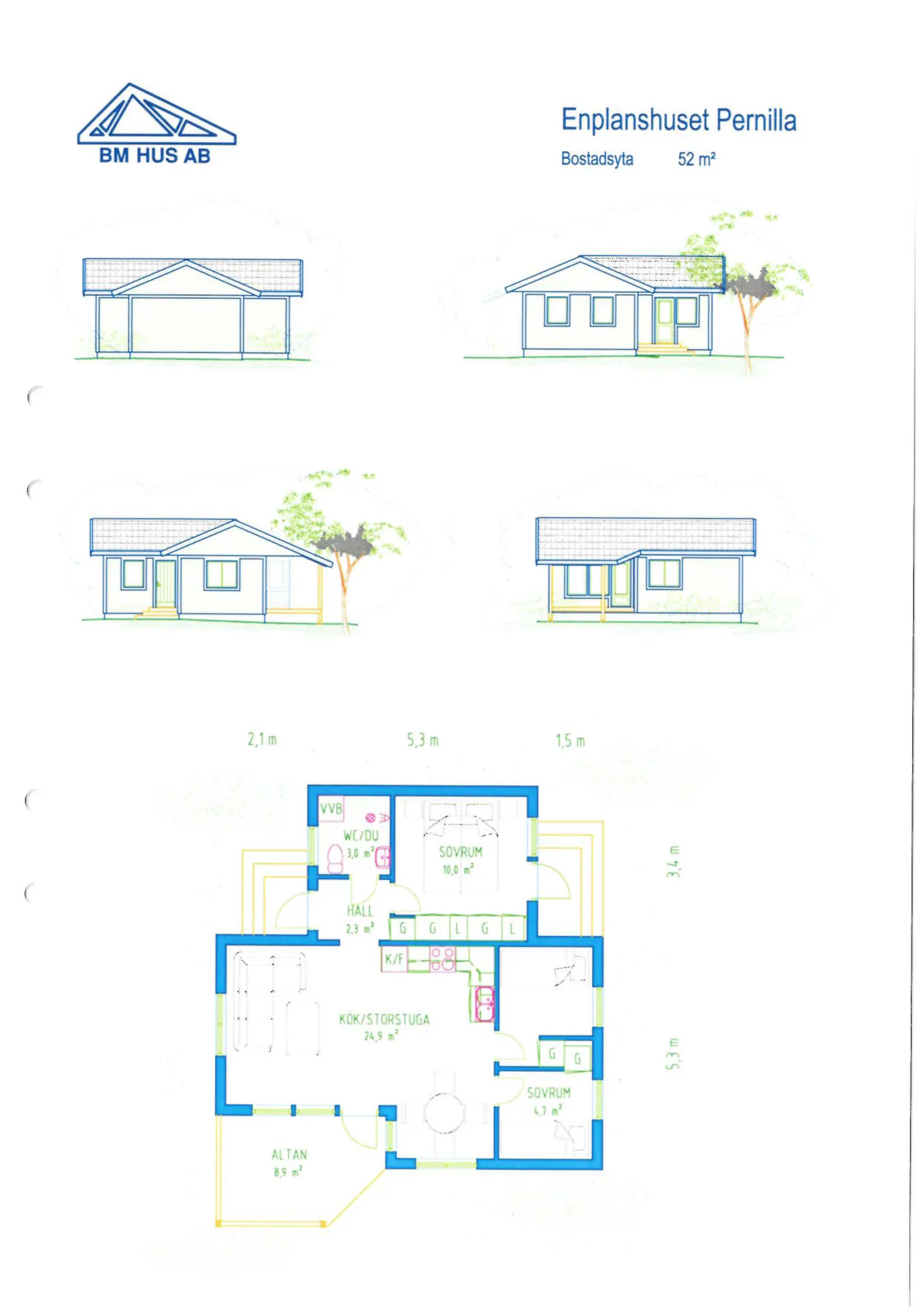 Villa Pernilla enplanshus fasadritningar och planritning