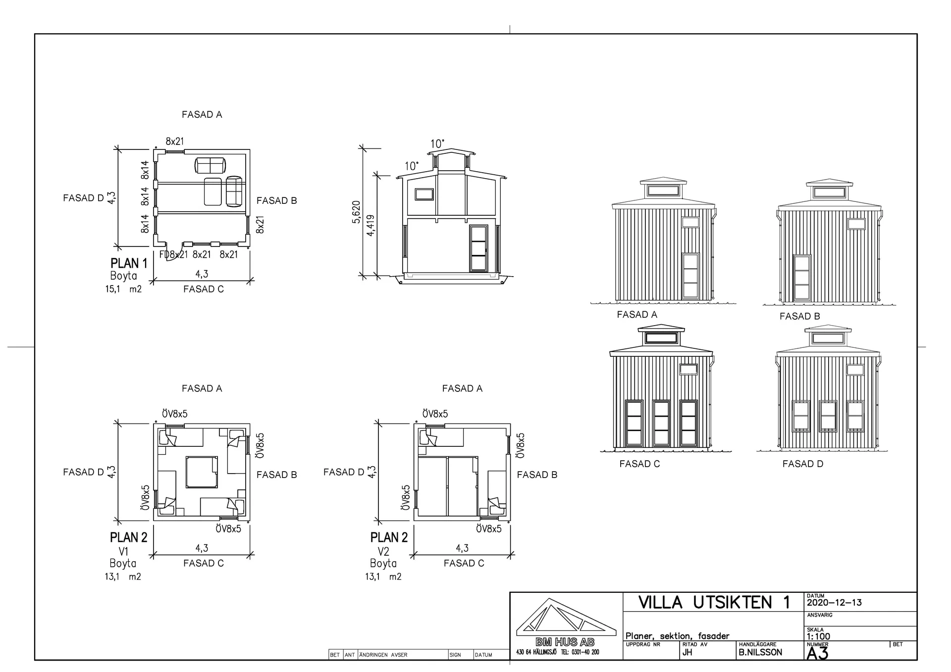 Villa Utsikten 1 fritidshus med sovloft planritningar, fasadritningar, sektion