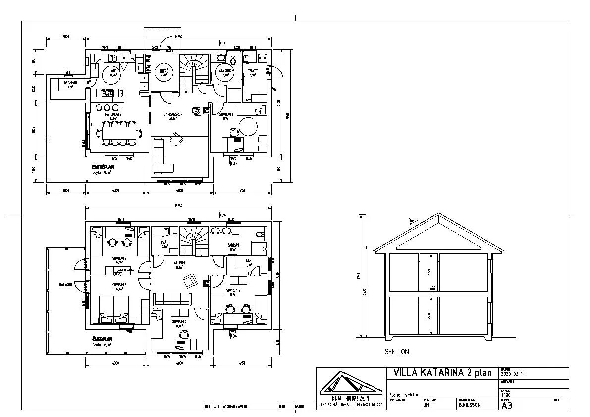 Villa Katarina 2-planshus planritningar och sektion
