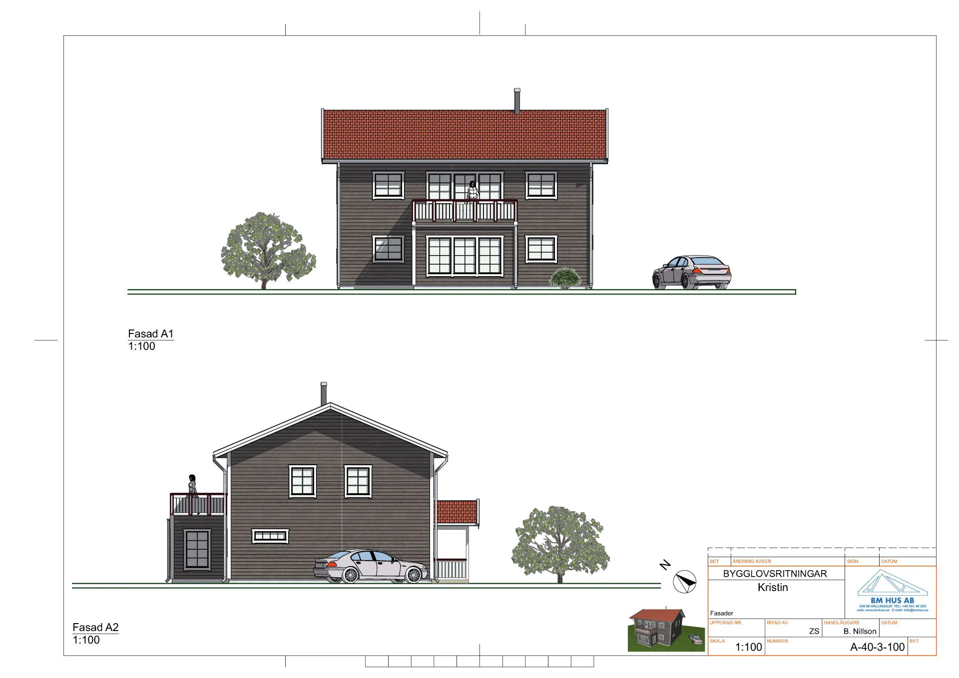Villa Kristin 2 plan fasadritning balkong och gavel