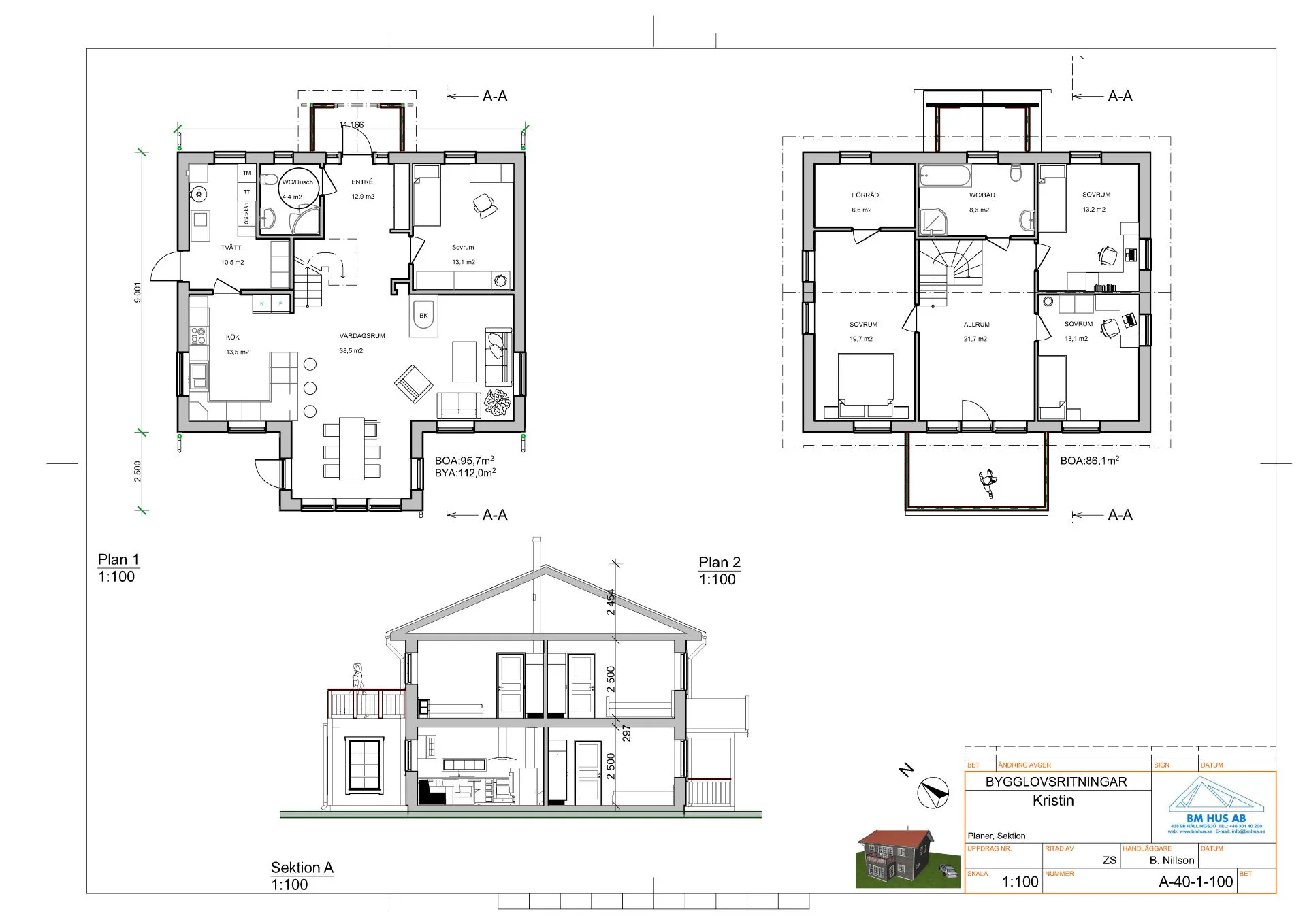 Villa Kristin2 plan planritningar båda våningar och sektion