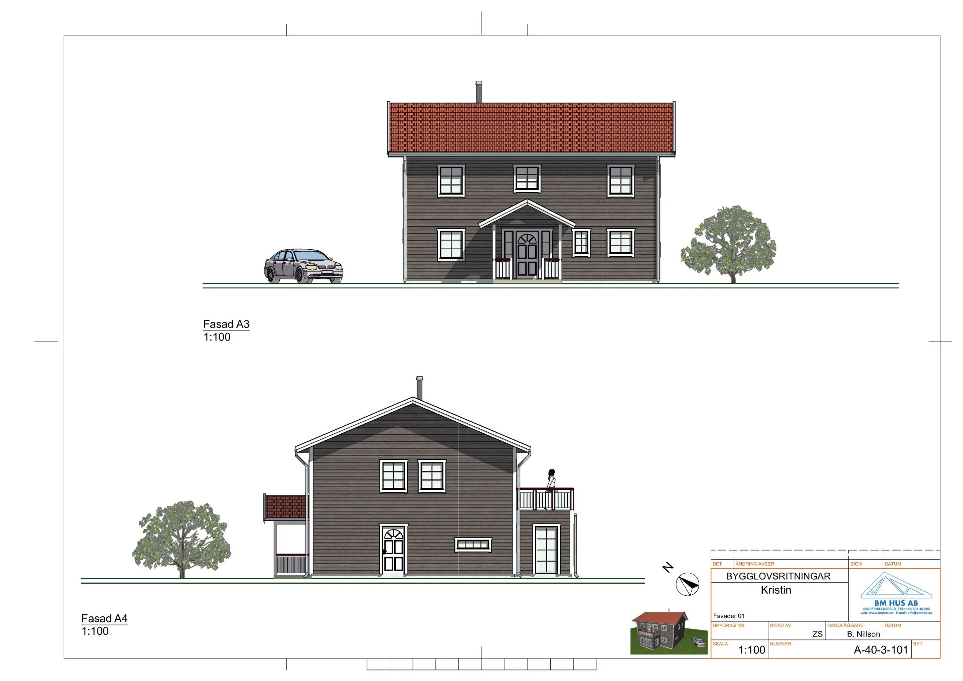 Villa Kristin 2 plan fasadritning entré och gavel