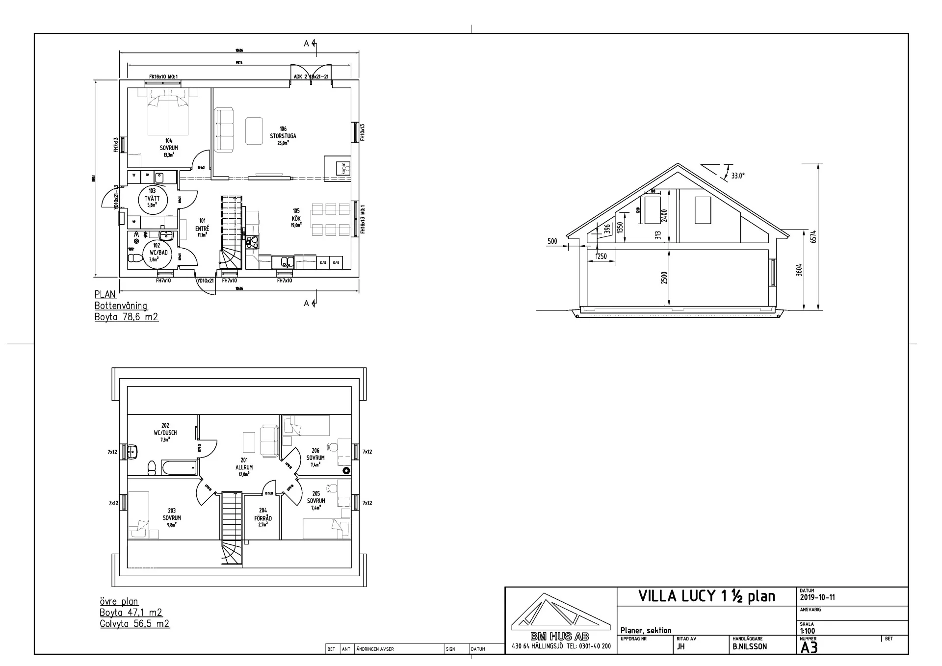 Villa Lucy 1 1/2 planshus planritningar och sektion
