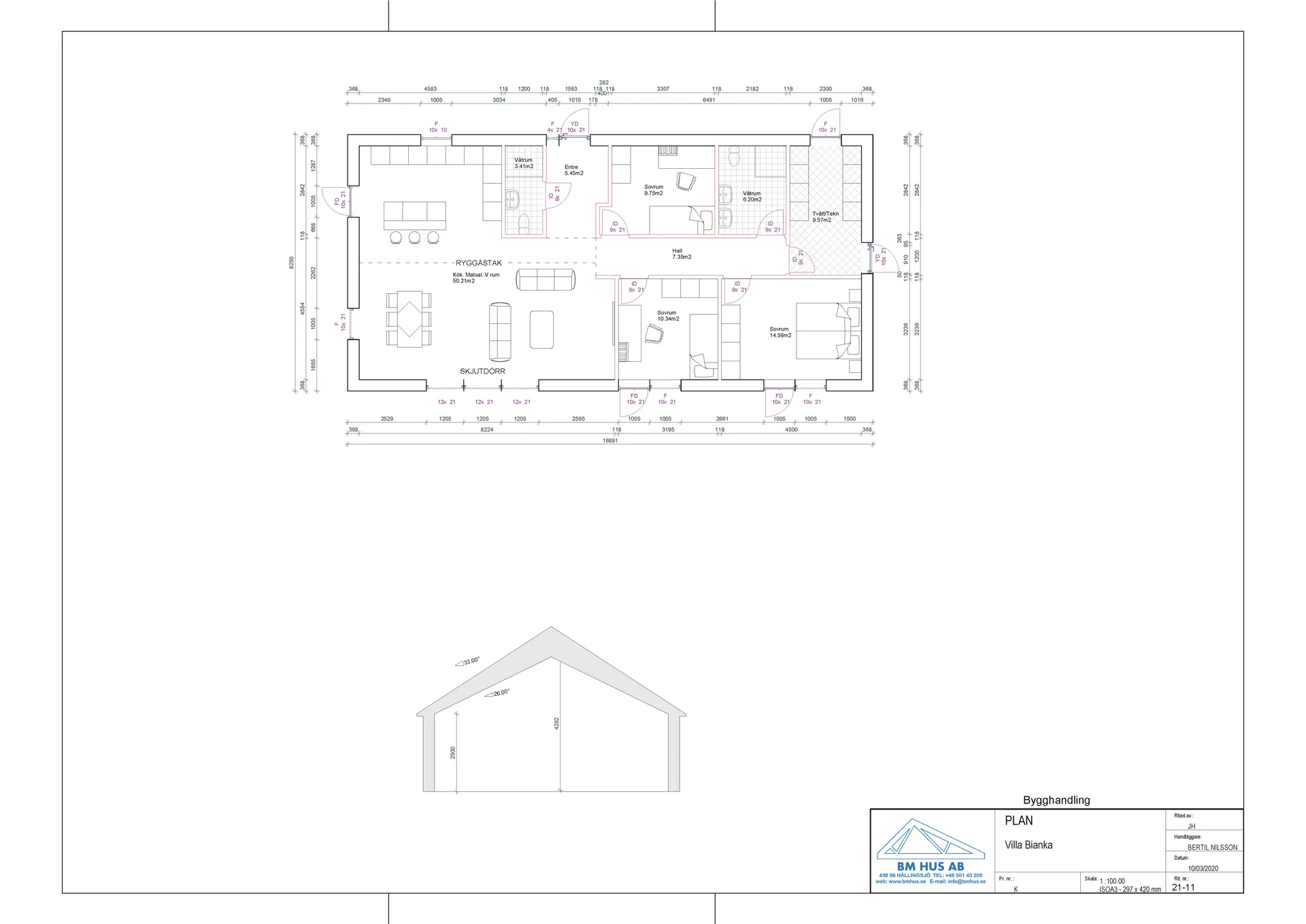 Villa Bianka enplanshus planritning med sektion