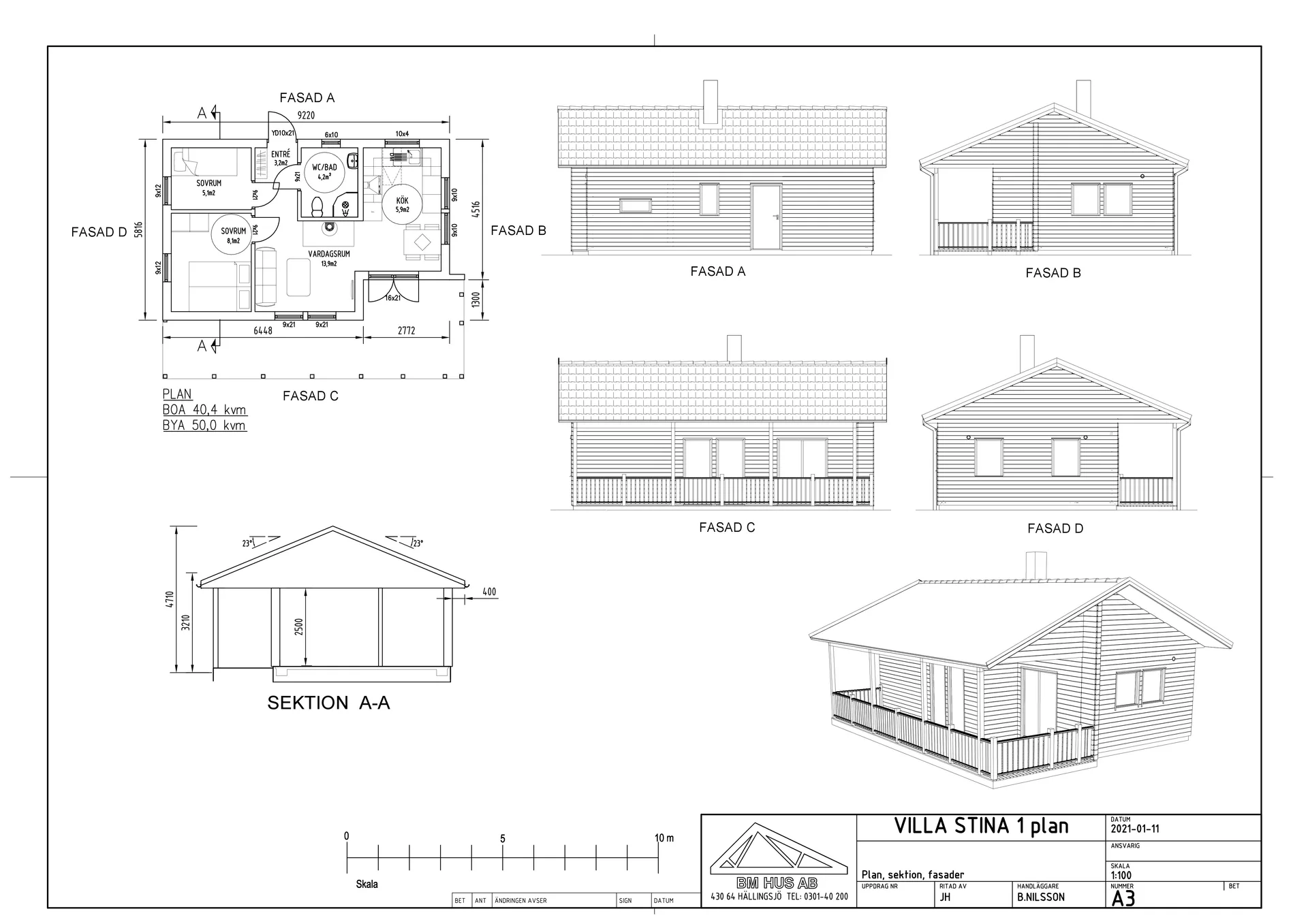 Villa Stina 1 plan fritidshus planritning, sektion, fasadritningar