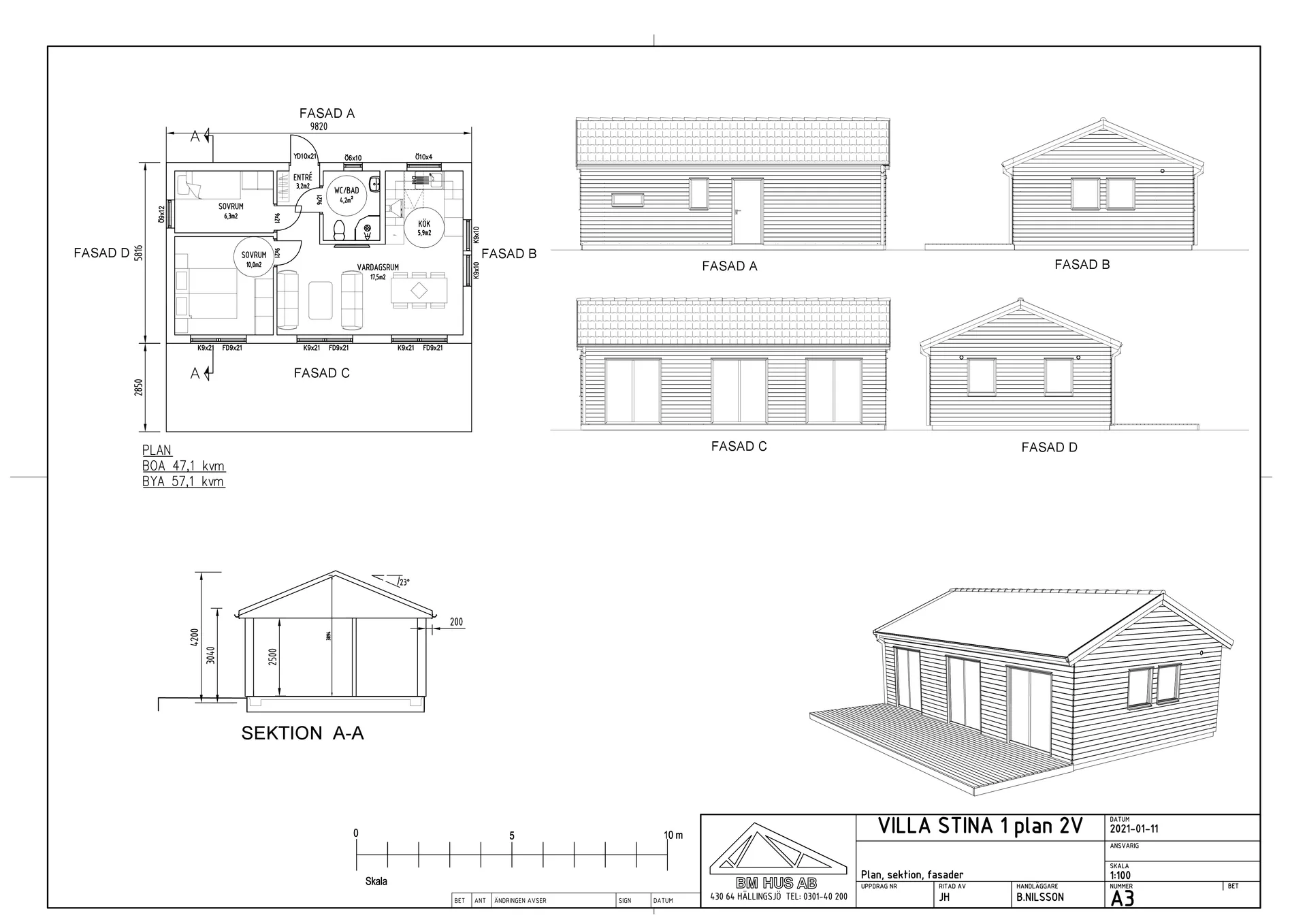 Villa Stina 1 plan 2 V fritidshus planritning, sektion, fasadritningar