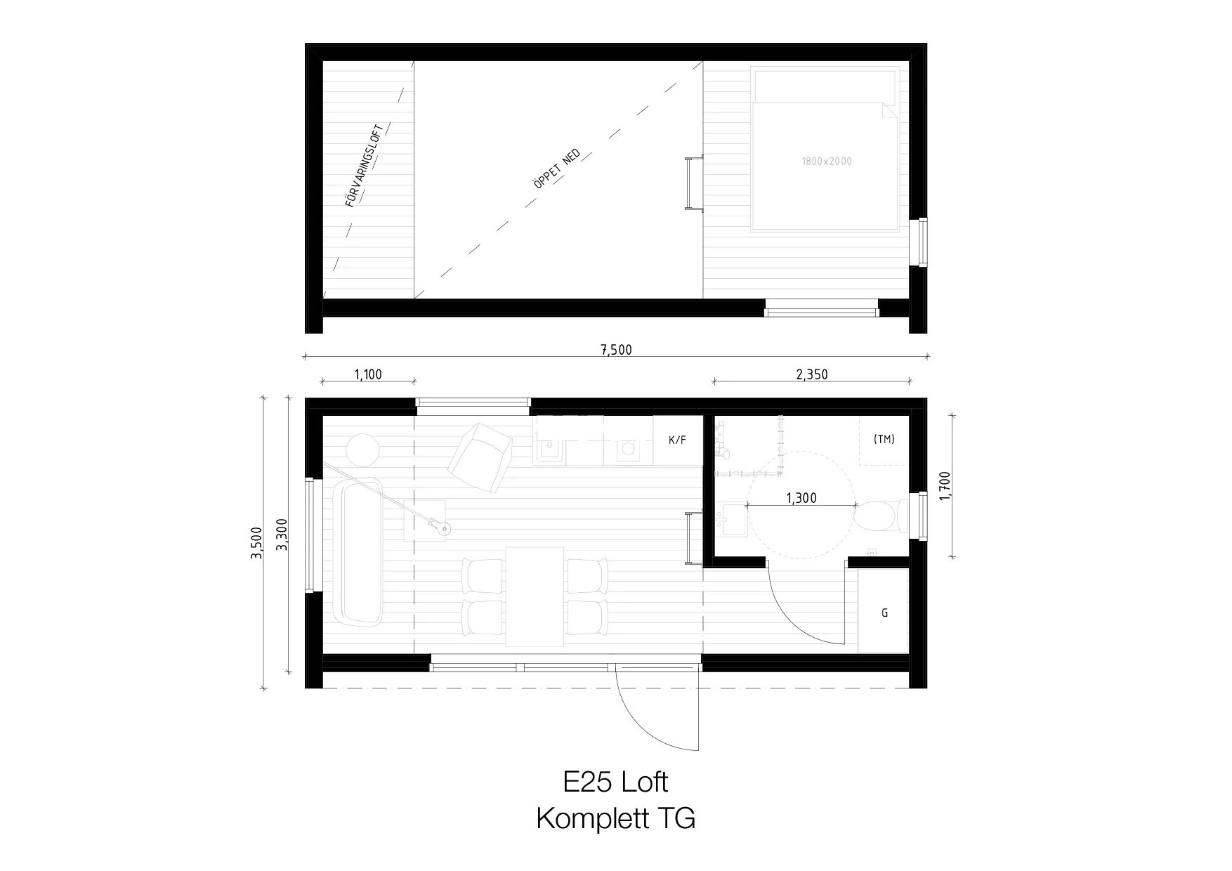 Attefallshus 25 kvm - E25 Loft planritning 3