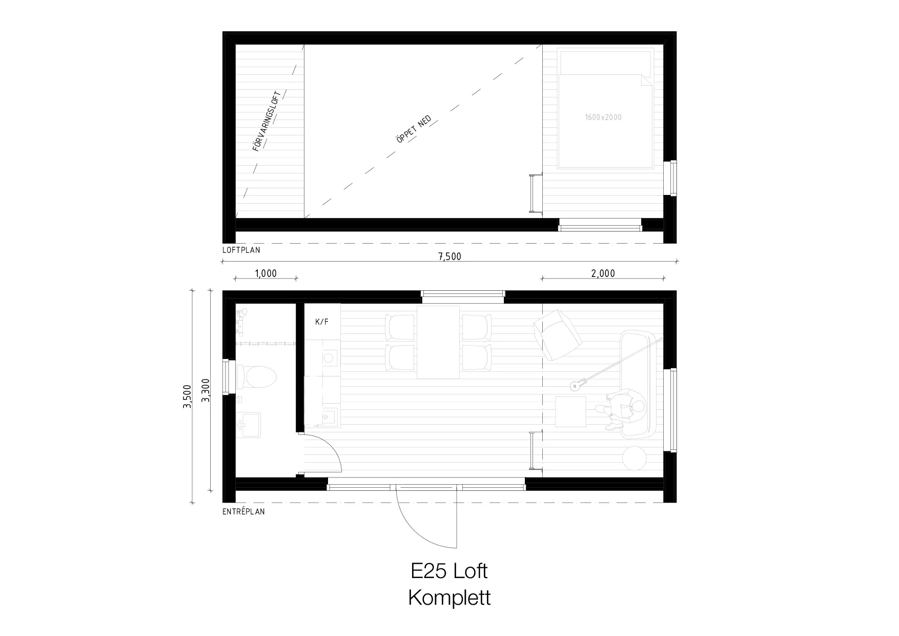 Attefallshus 25 kvm - E25 Loft planritning 2