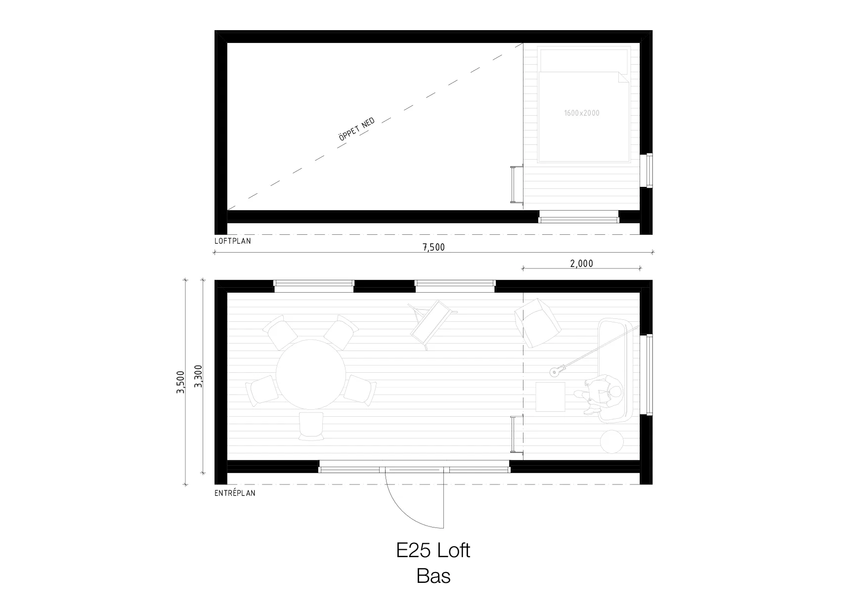 Attefallshus 25 kvm - E25 Loft planritning 1