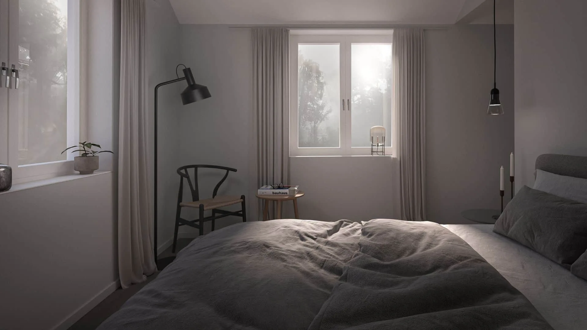 Fritidshus sovrum dubbelsäng och lampa