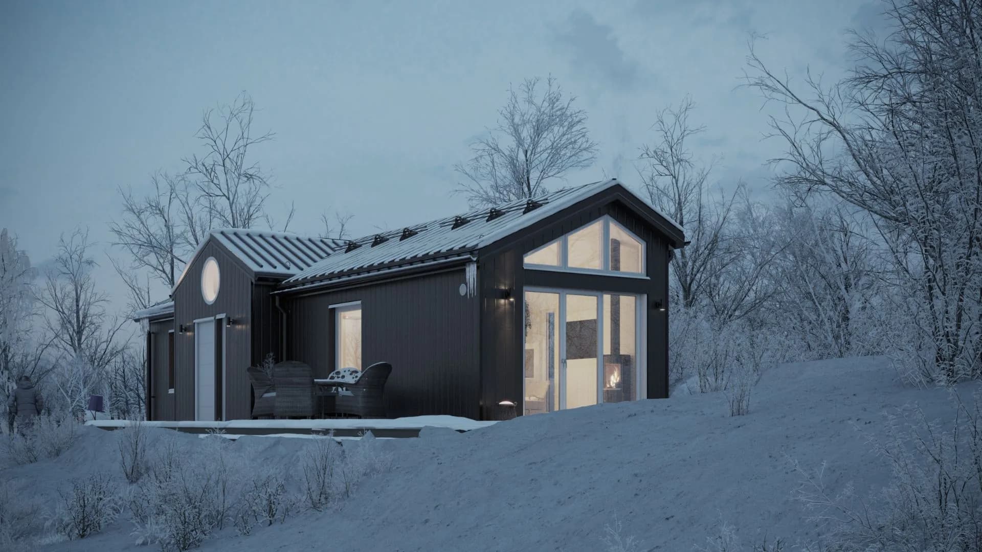 Fjällstuga exteriör vinterlandskap snö