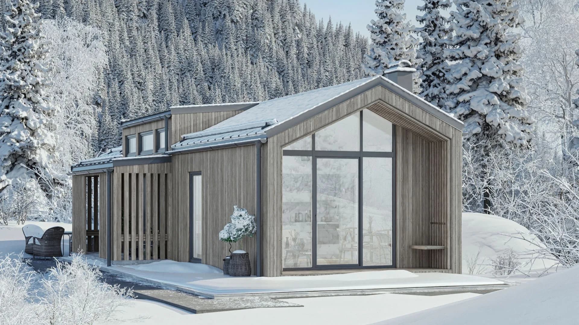 Fjällstuga Storklinten ljus exteriör snö