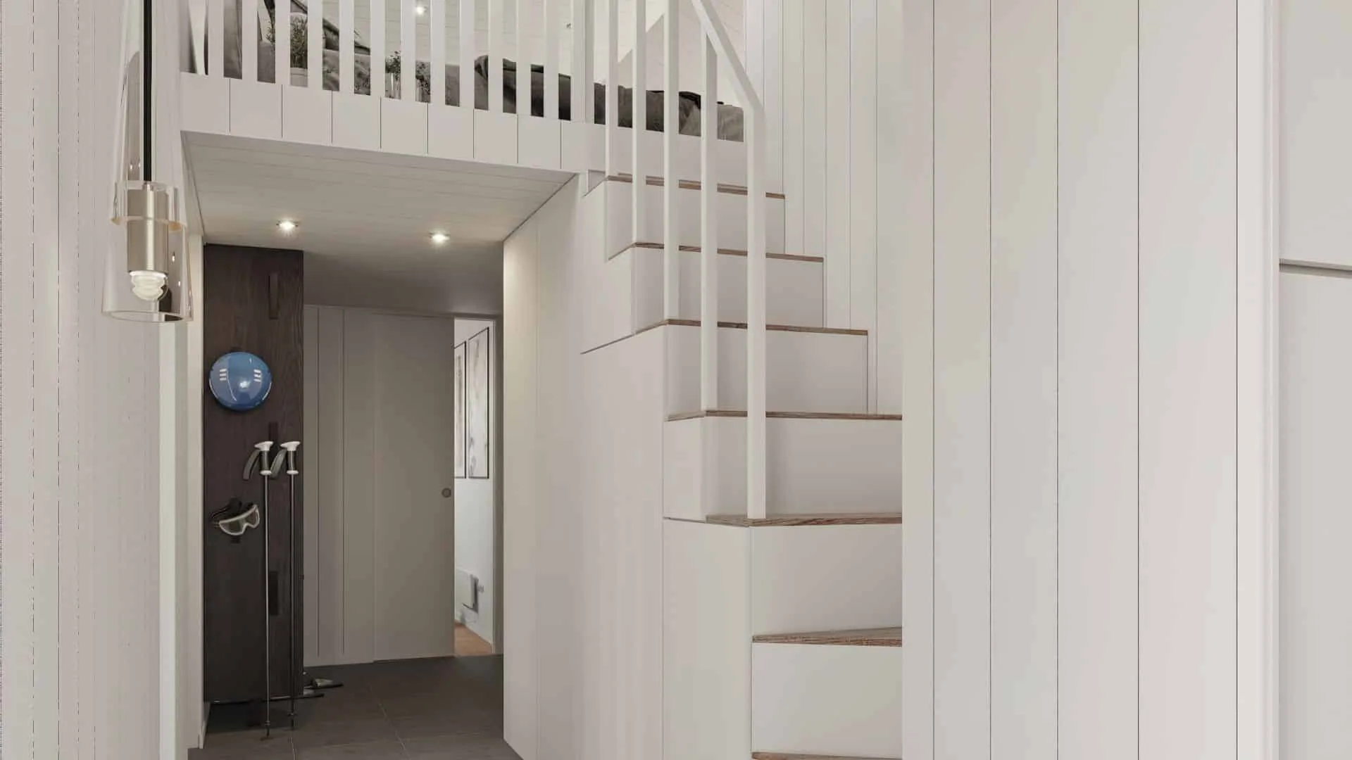 fritidshus hall med trappa