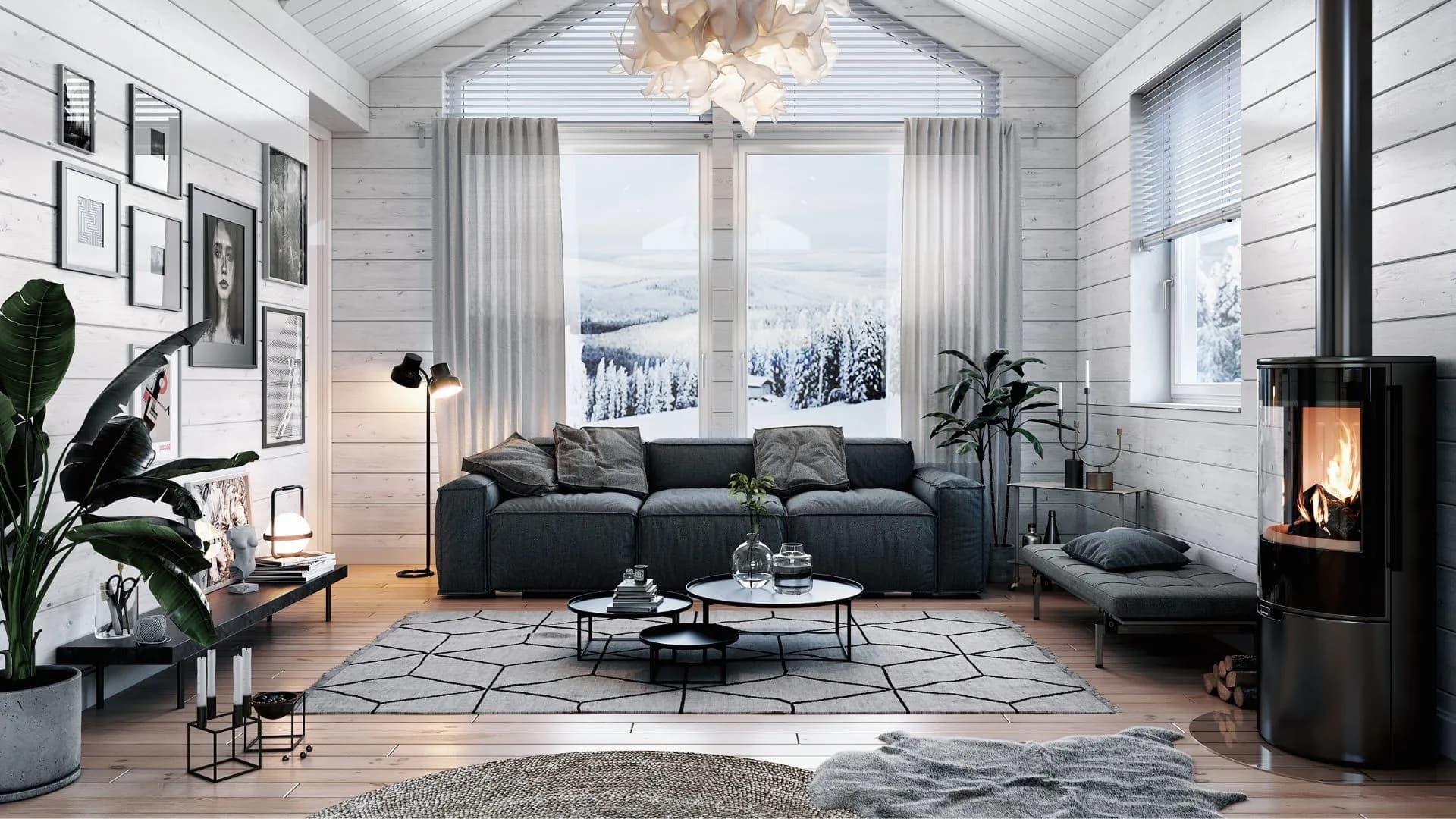 Fjällstuga vardagsrum med kabin, soffa och fönster