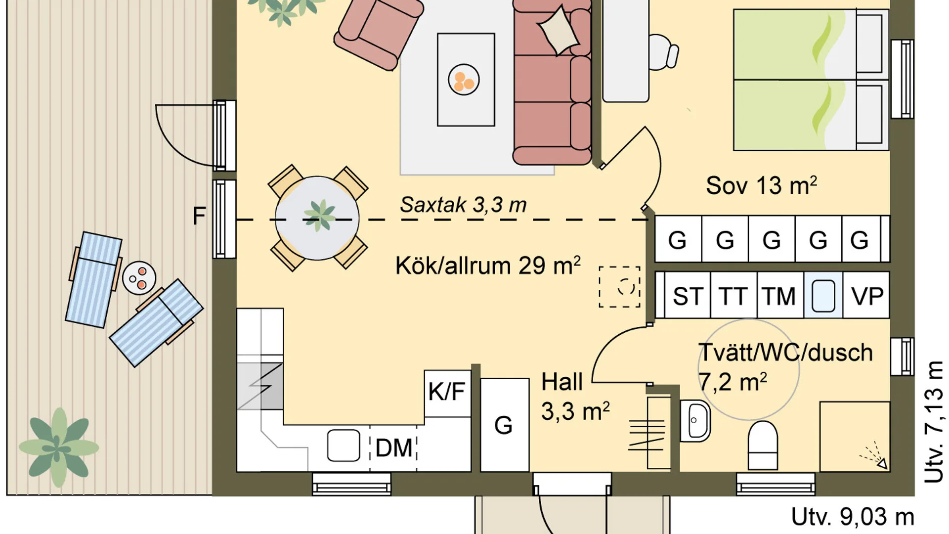 enplanshus 55 m2 med saxtak och öppen planlösning mellan kök och vardagsrum